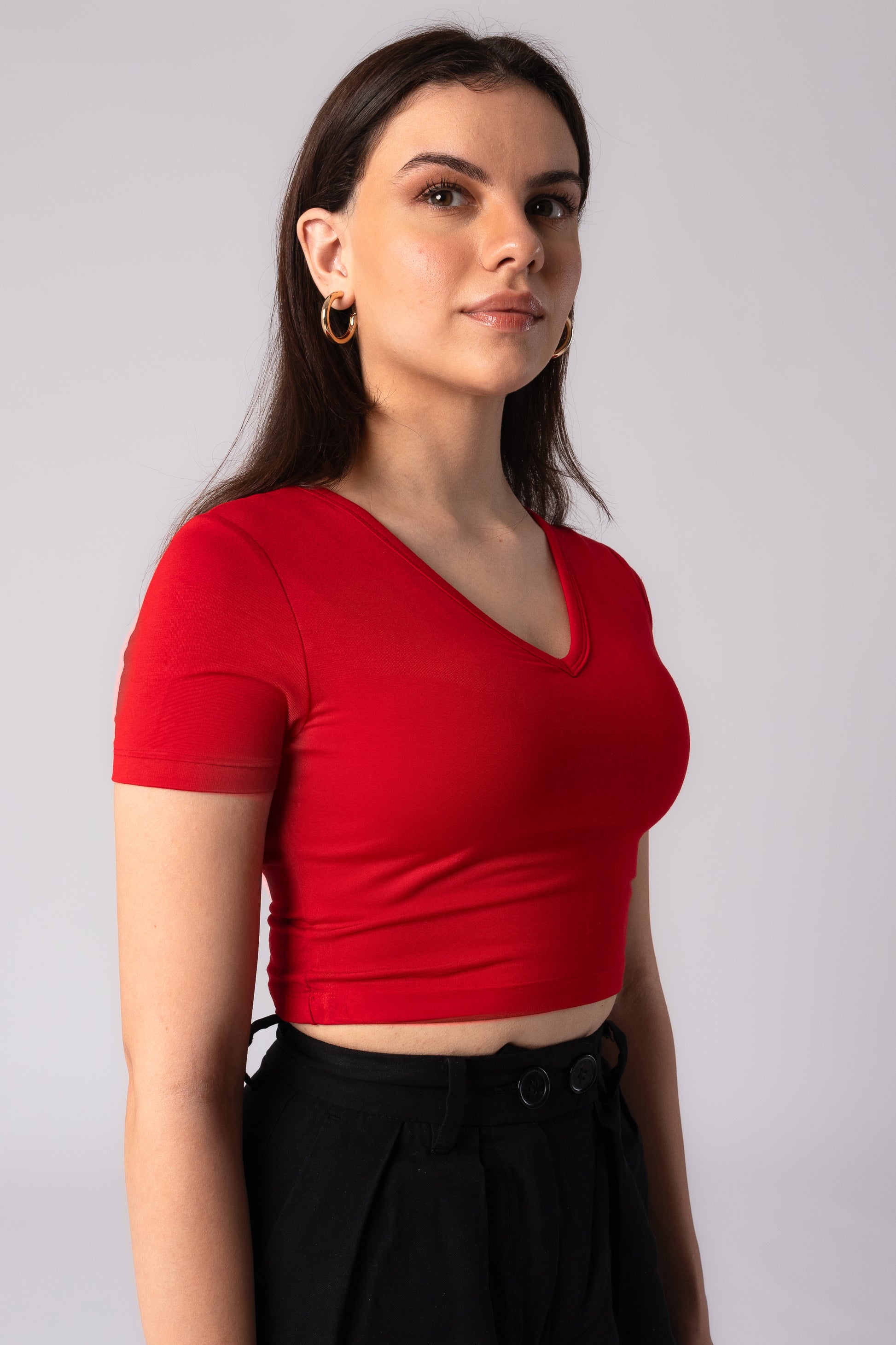 Short Sleeve V-Neck Crop Top with in built bra padding