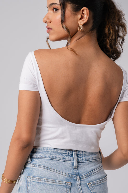 Short Sleeve Backless Crop Top with in built bra padding