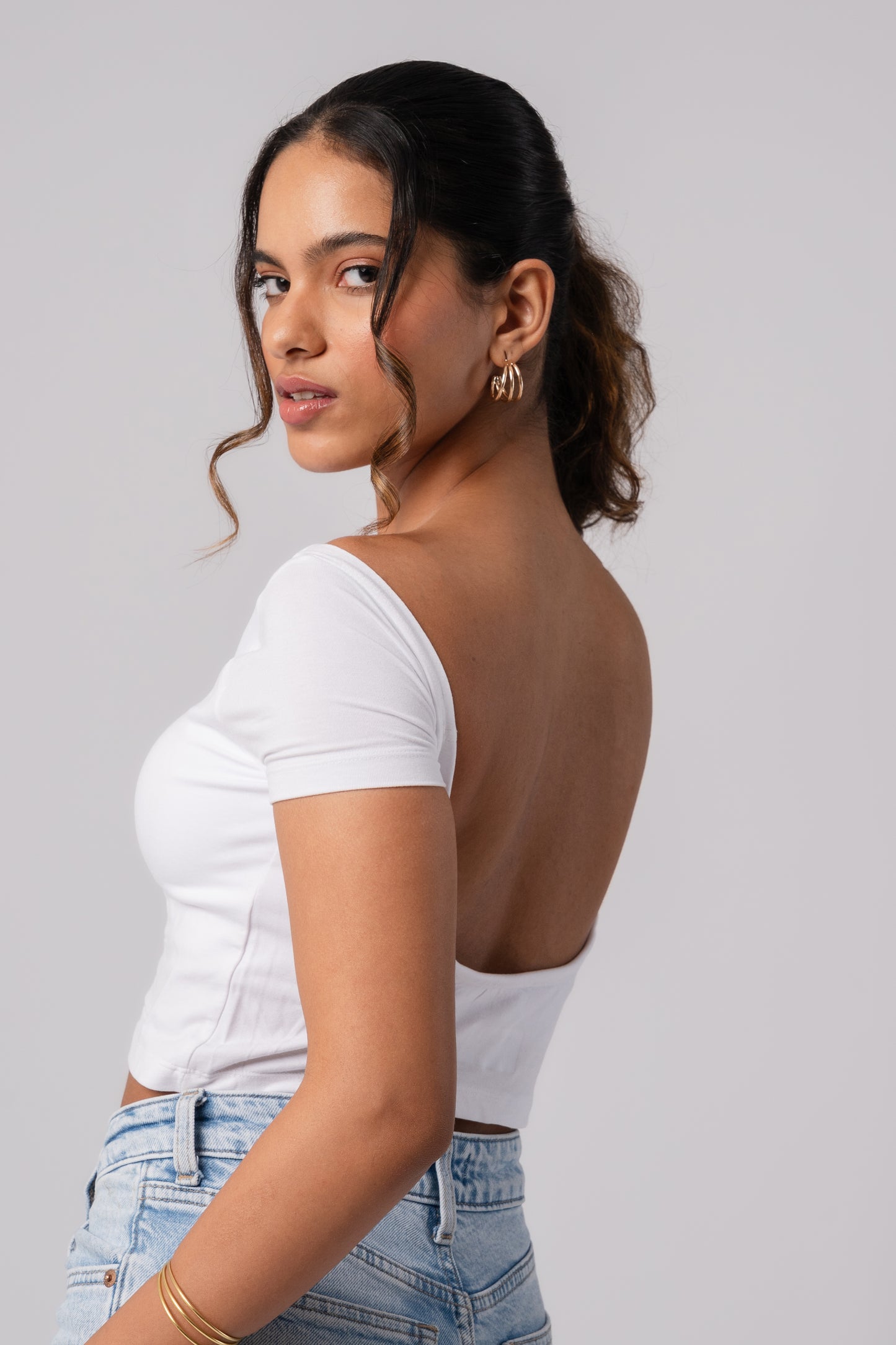 Short Sleeve Backless Crop Top with in built bra padding