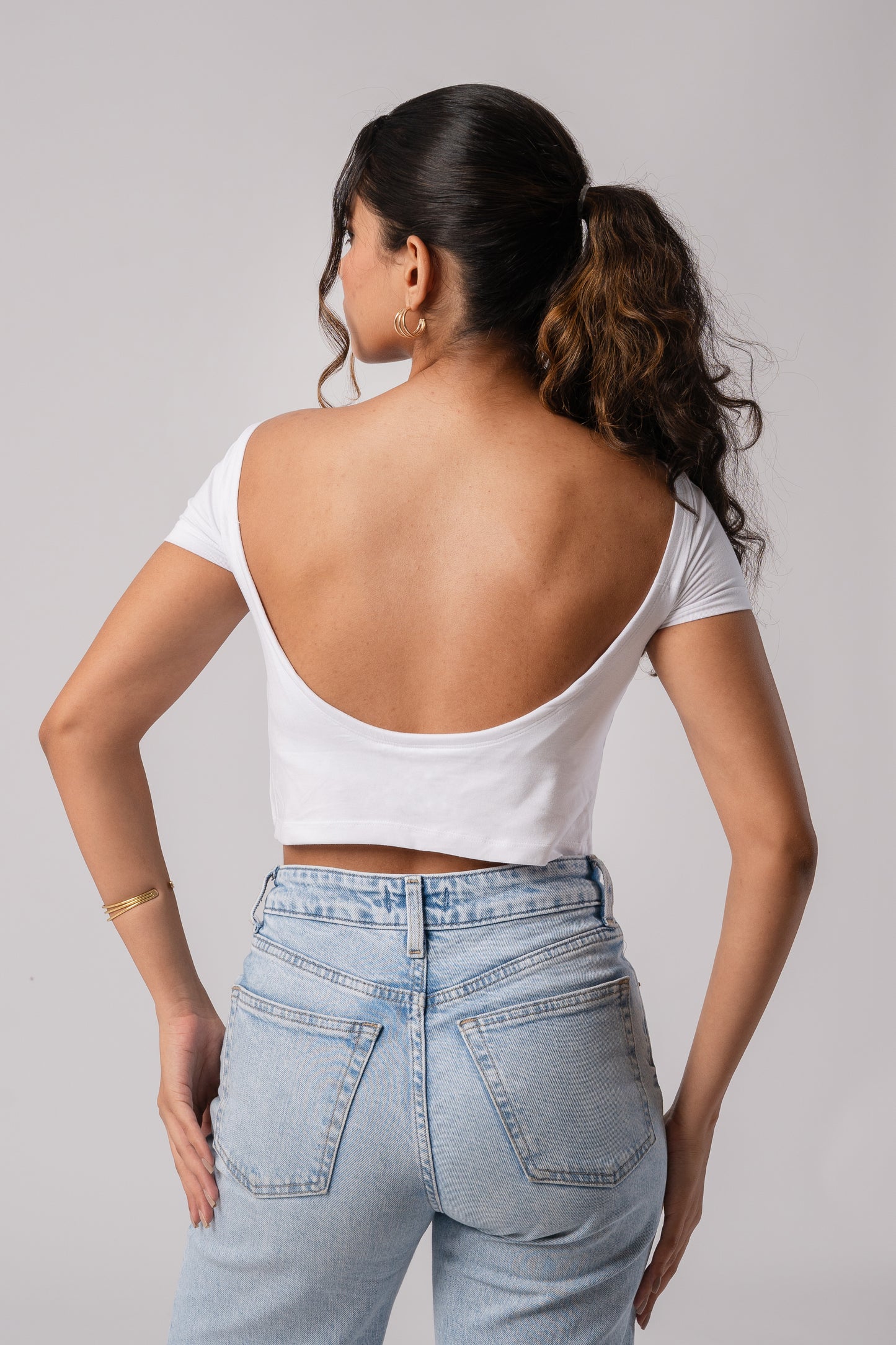 Short Sleeve Backless Crop Top with in built bra padding
