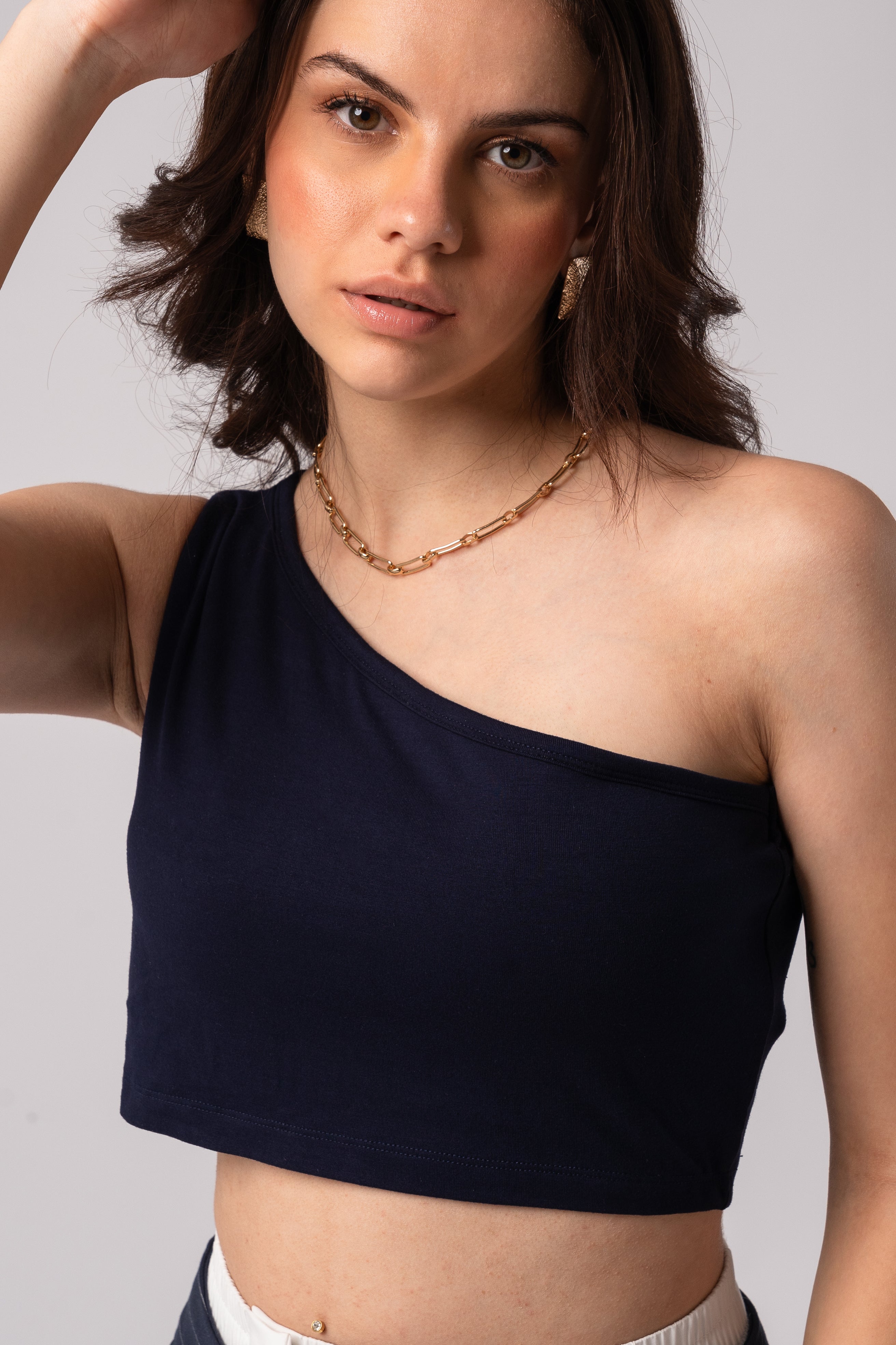 Sleeveless One Shoulder Crop Top with in built bra padding