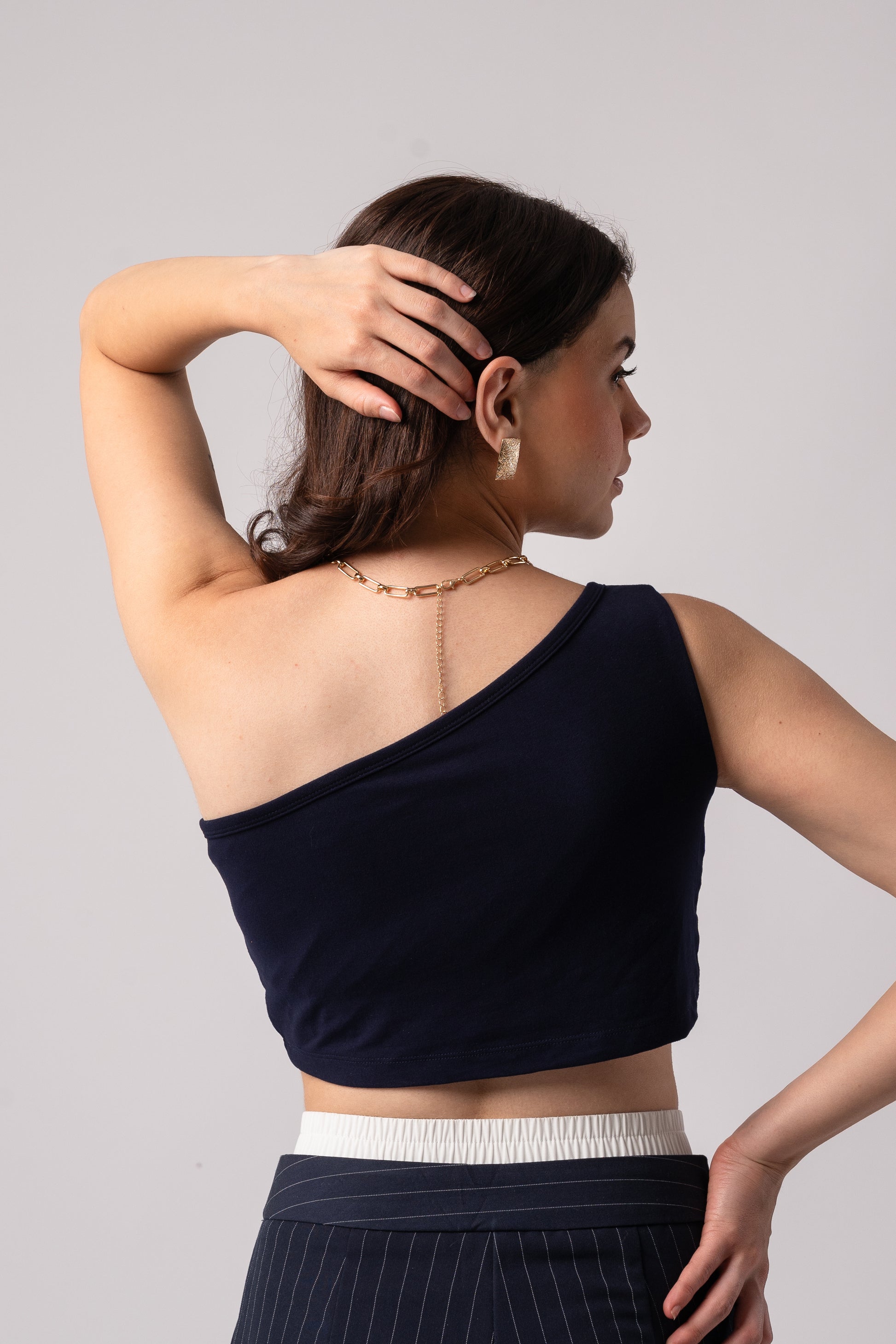 Sleeveless One Shoulder Crop Top with in built bra padding