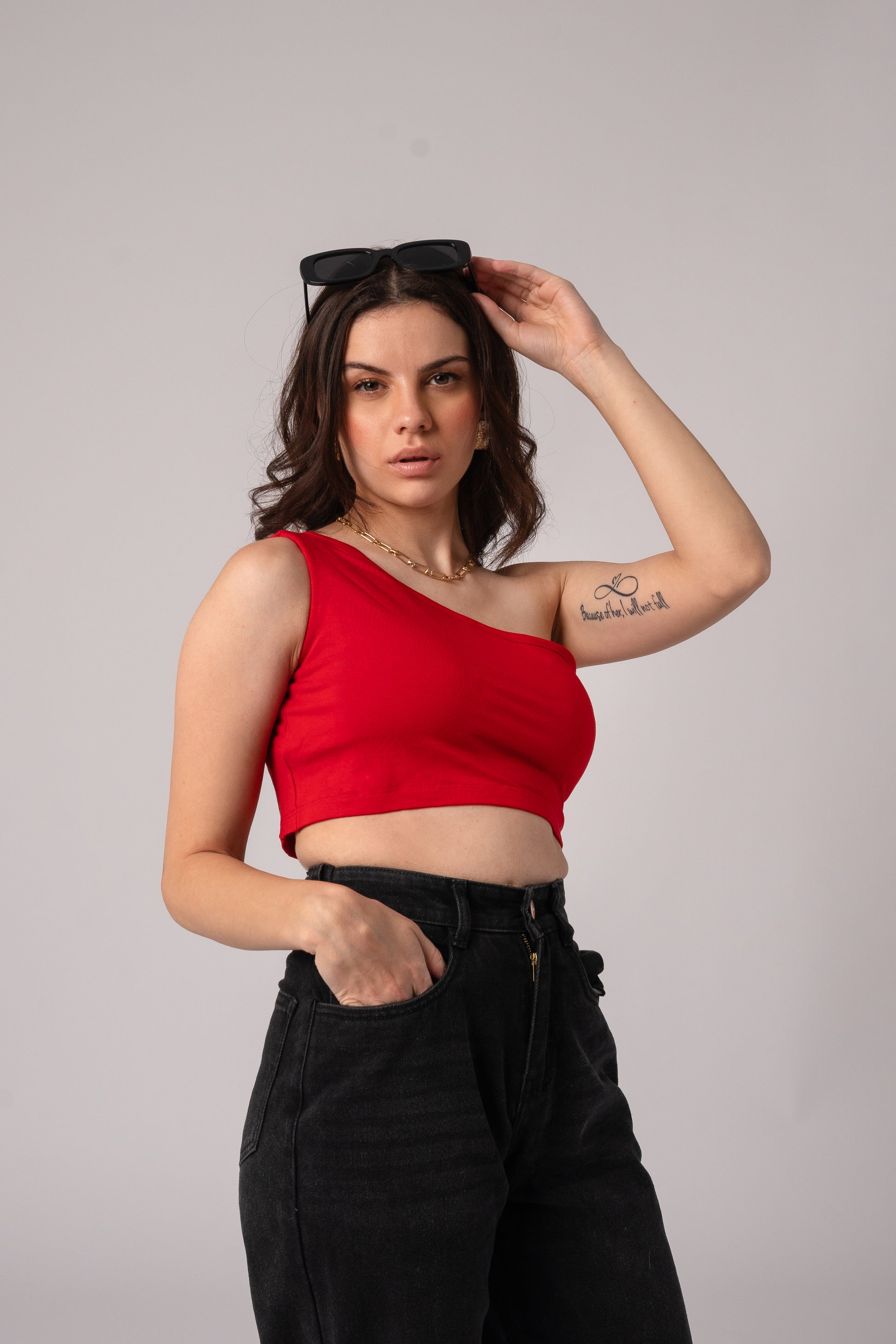 Sleeveless One Shoulder Crop Top with in built bra padding
