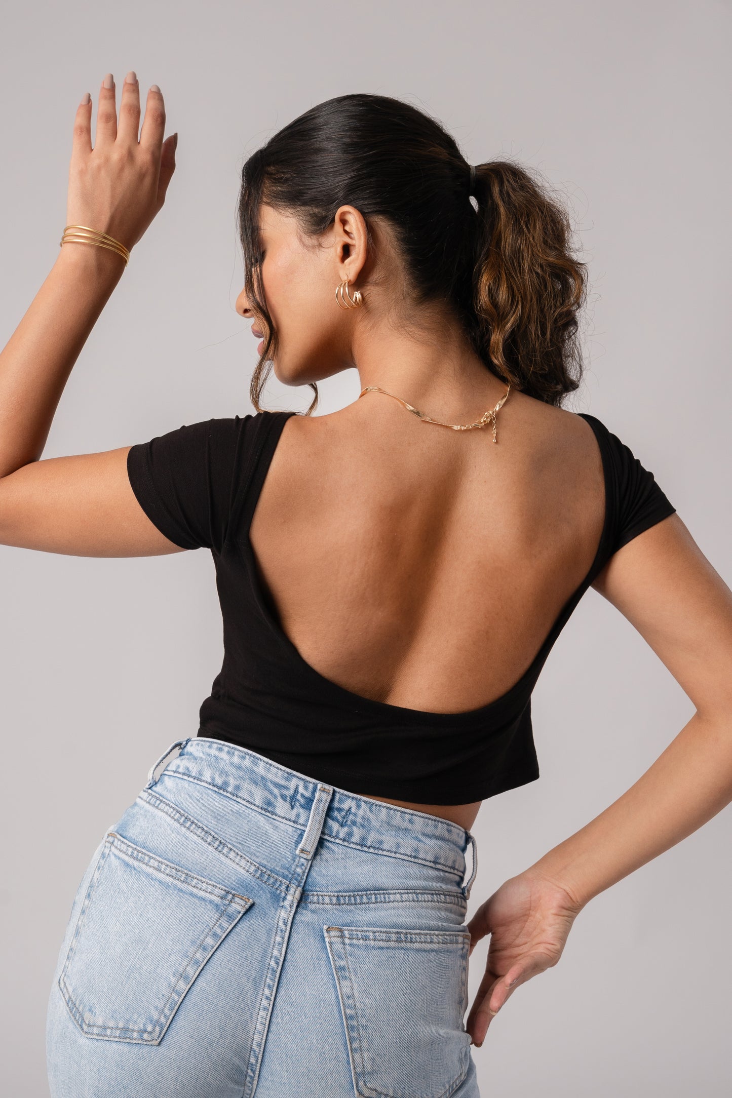 Short Sleeve Backless Crop Top with in built bra padding