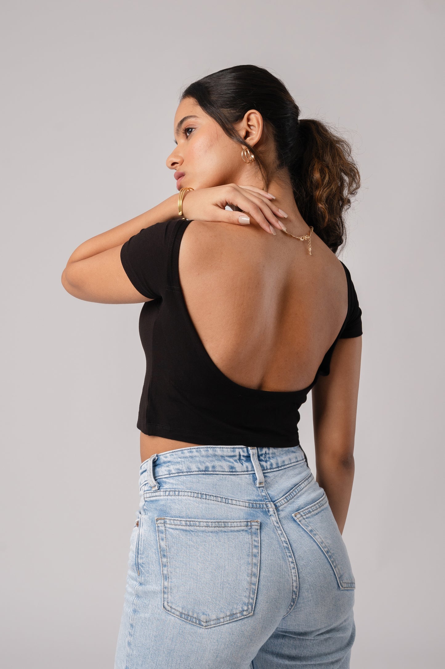 Short Sleeve Backless Crop Top with in built bra padding