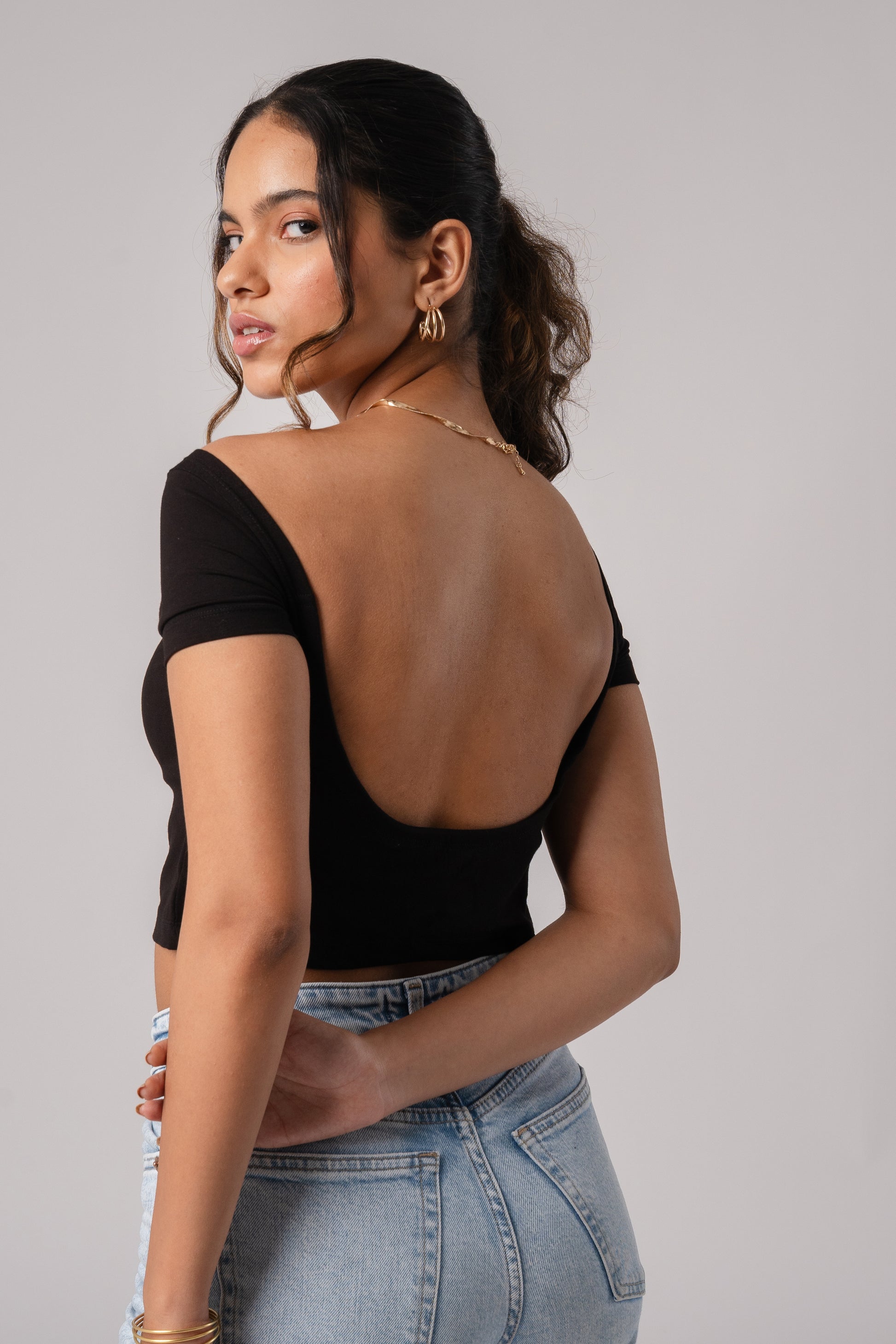 Short Sleeve Backless Crop Top with in built bra padding
