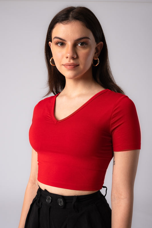 Short Sleeve V-Neck Crop Top with in built bra padding
