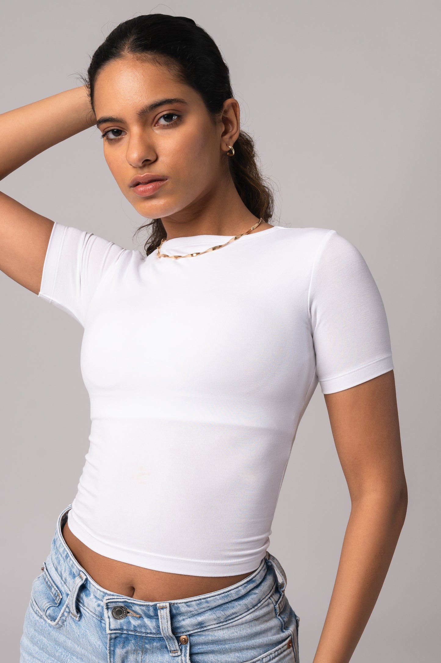Short Sleeve Round Neck Crop Top with in built bra padding