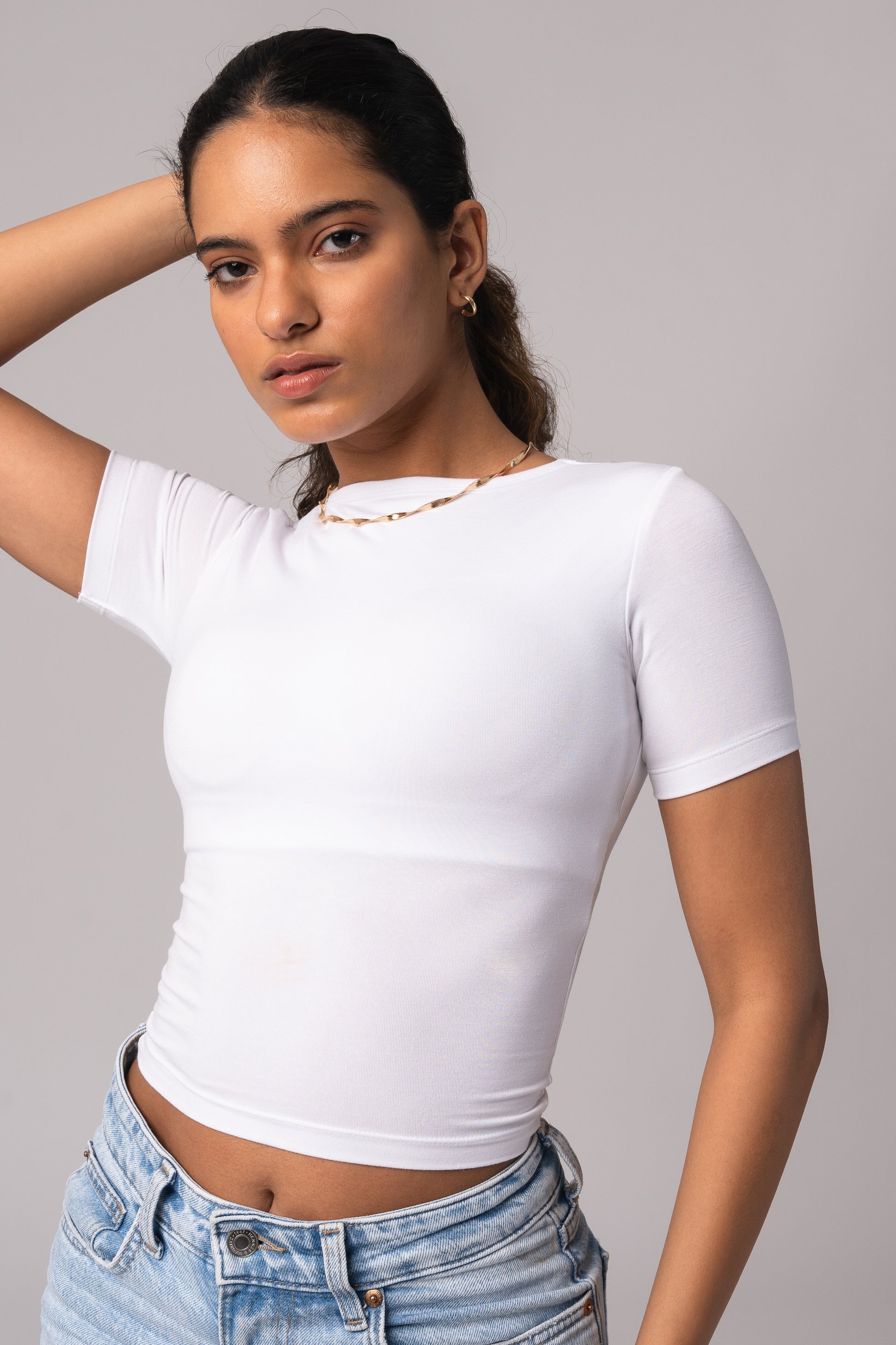 Short Sleeve Round Neck Crop Top with in built bra padding
