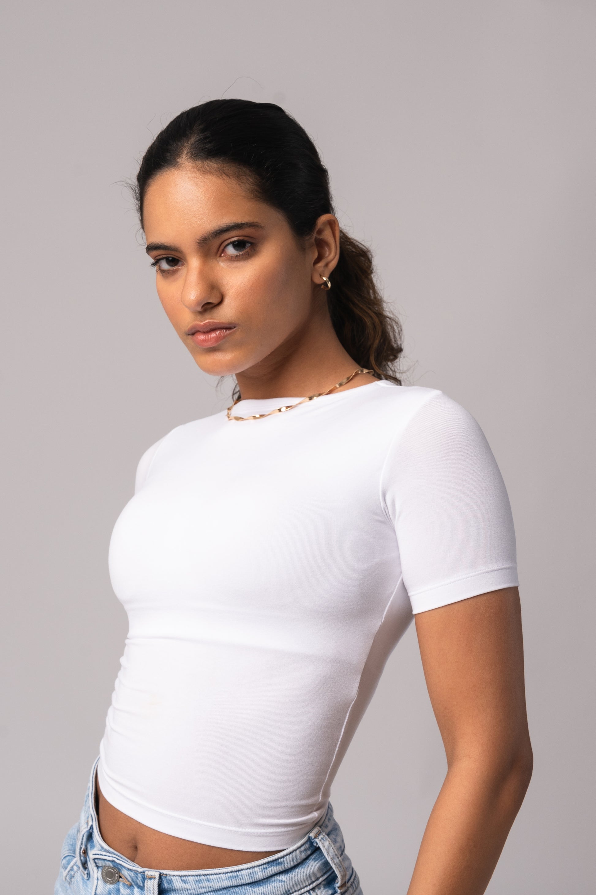 Short Sleeve Round Neck Crop Top with in built bra padding