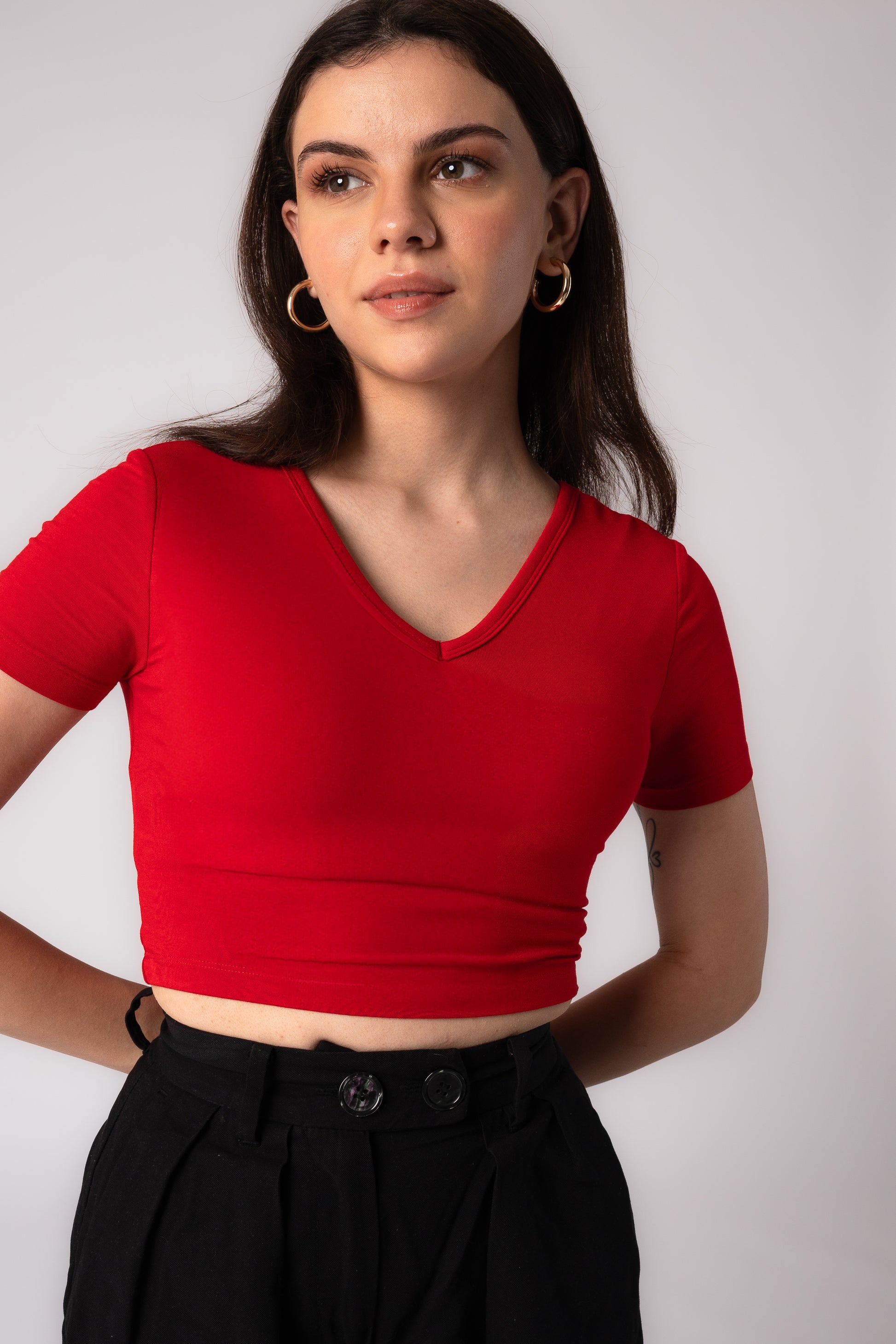 Short Sleeve V-Neck Crop Top with in built bra padding