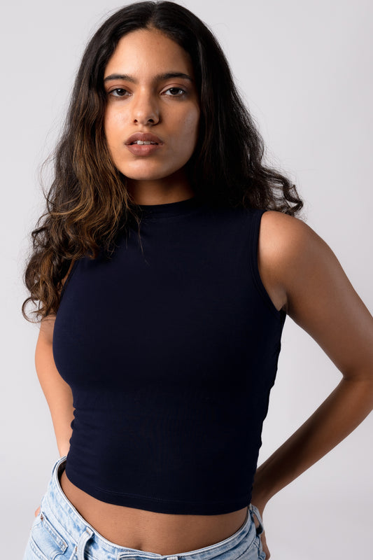 Sleeveless High Neck Crop Top with in built bra padding