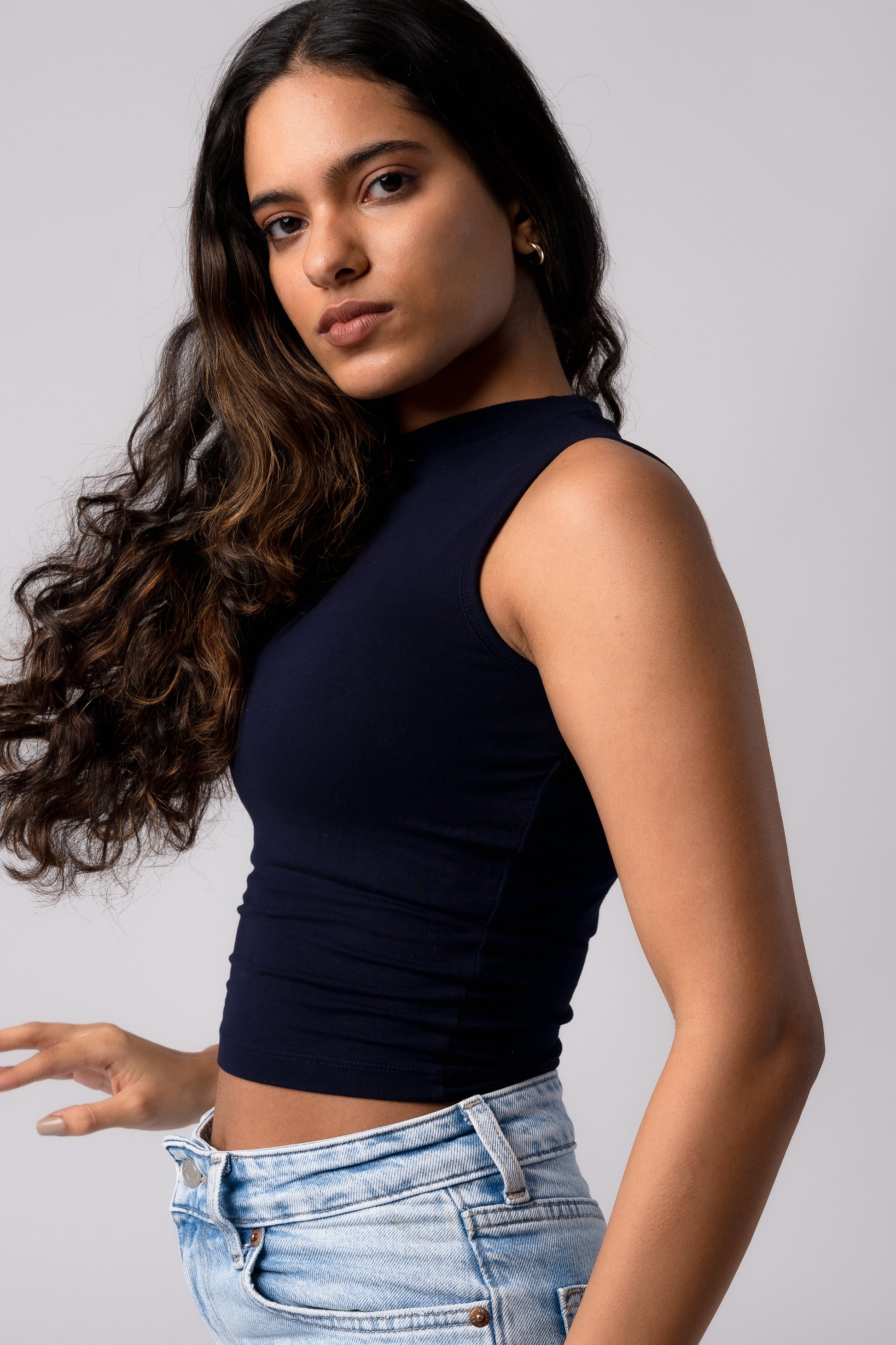 Sleeveless High Neck Crop Top with in built bra padding