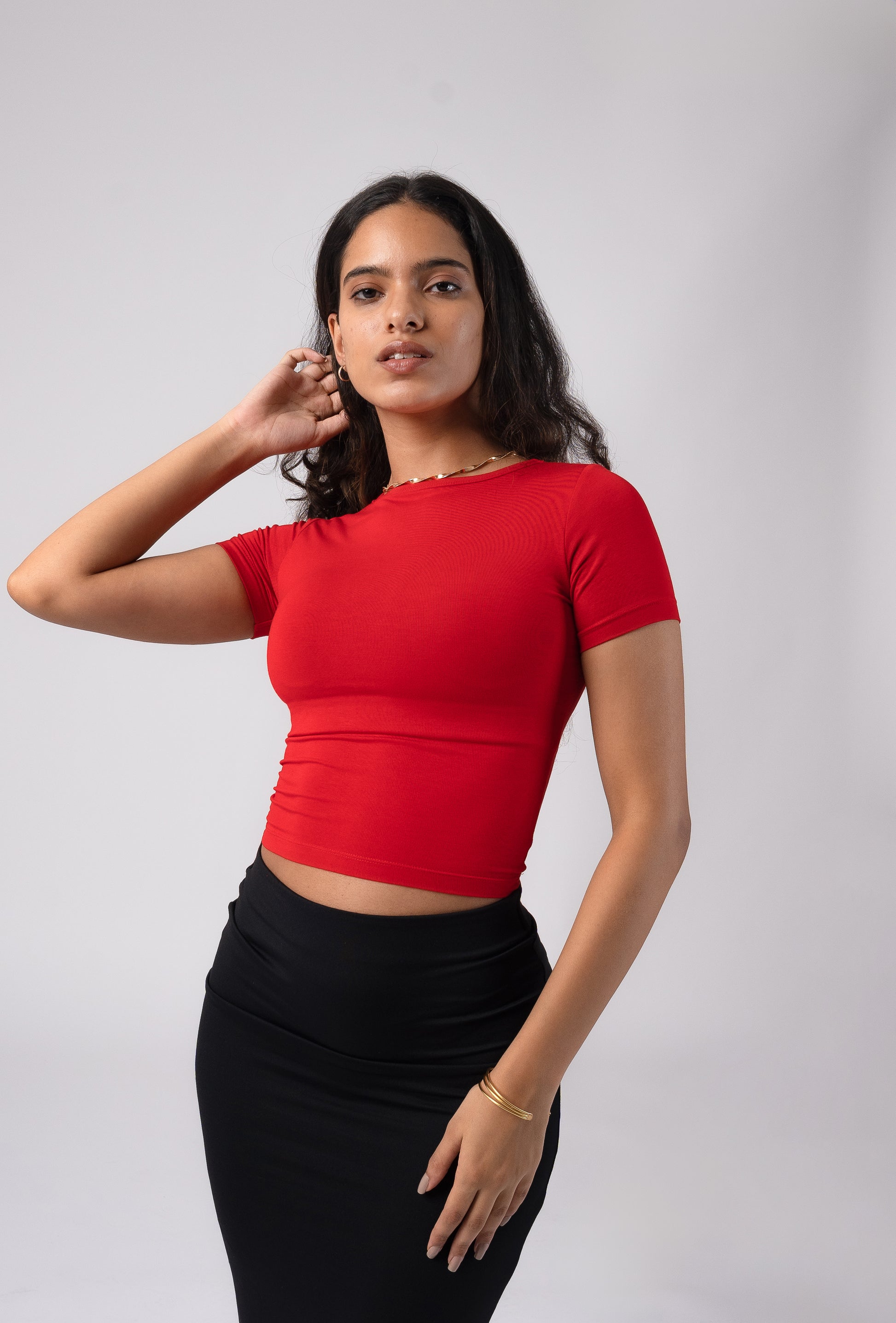 Short Sleeve Round Neck Crop Top with in built bra padding