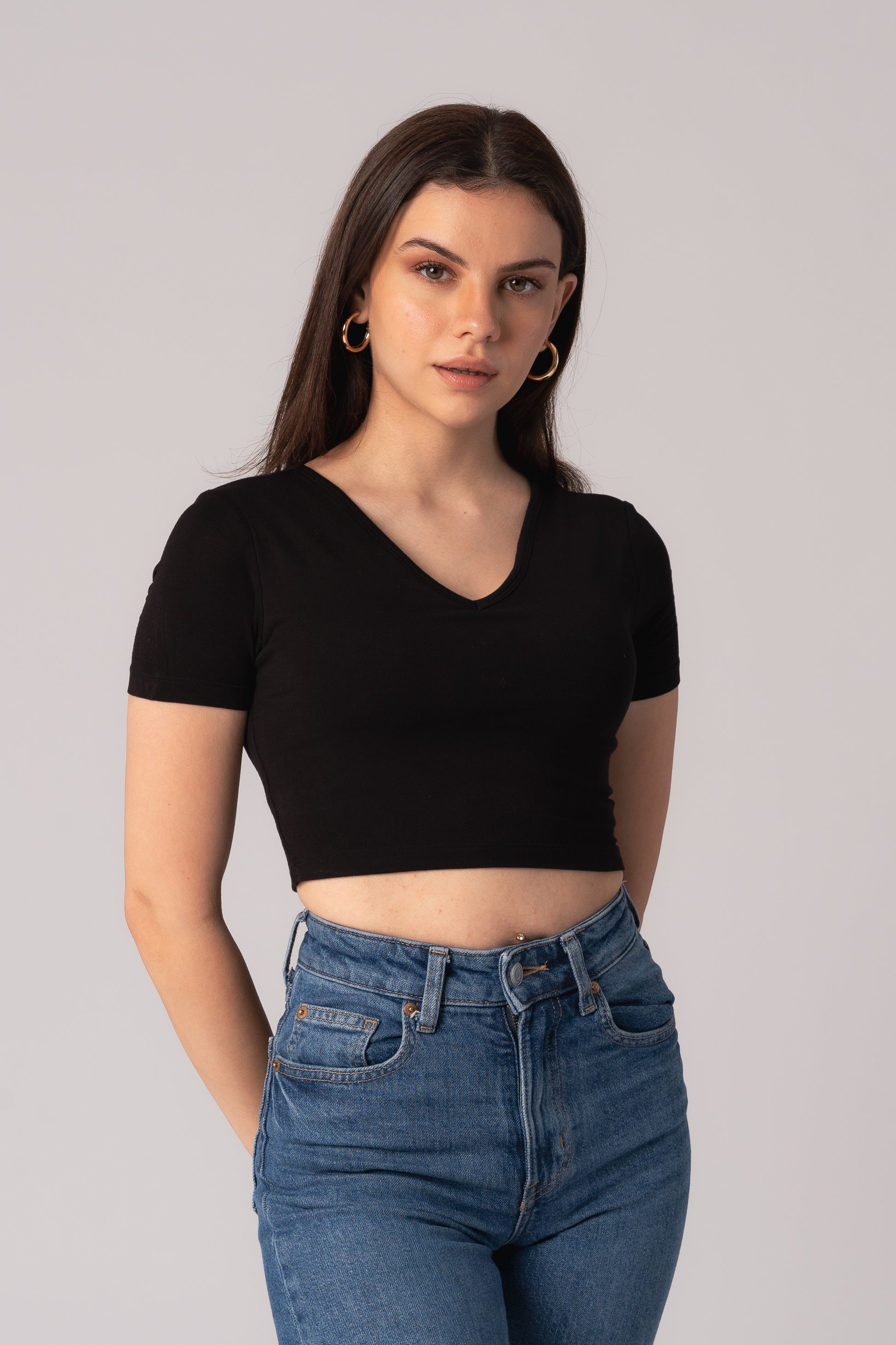 Short Sleeve V-Neck Crop Top with in built bra padding 