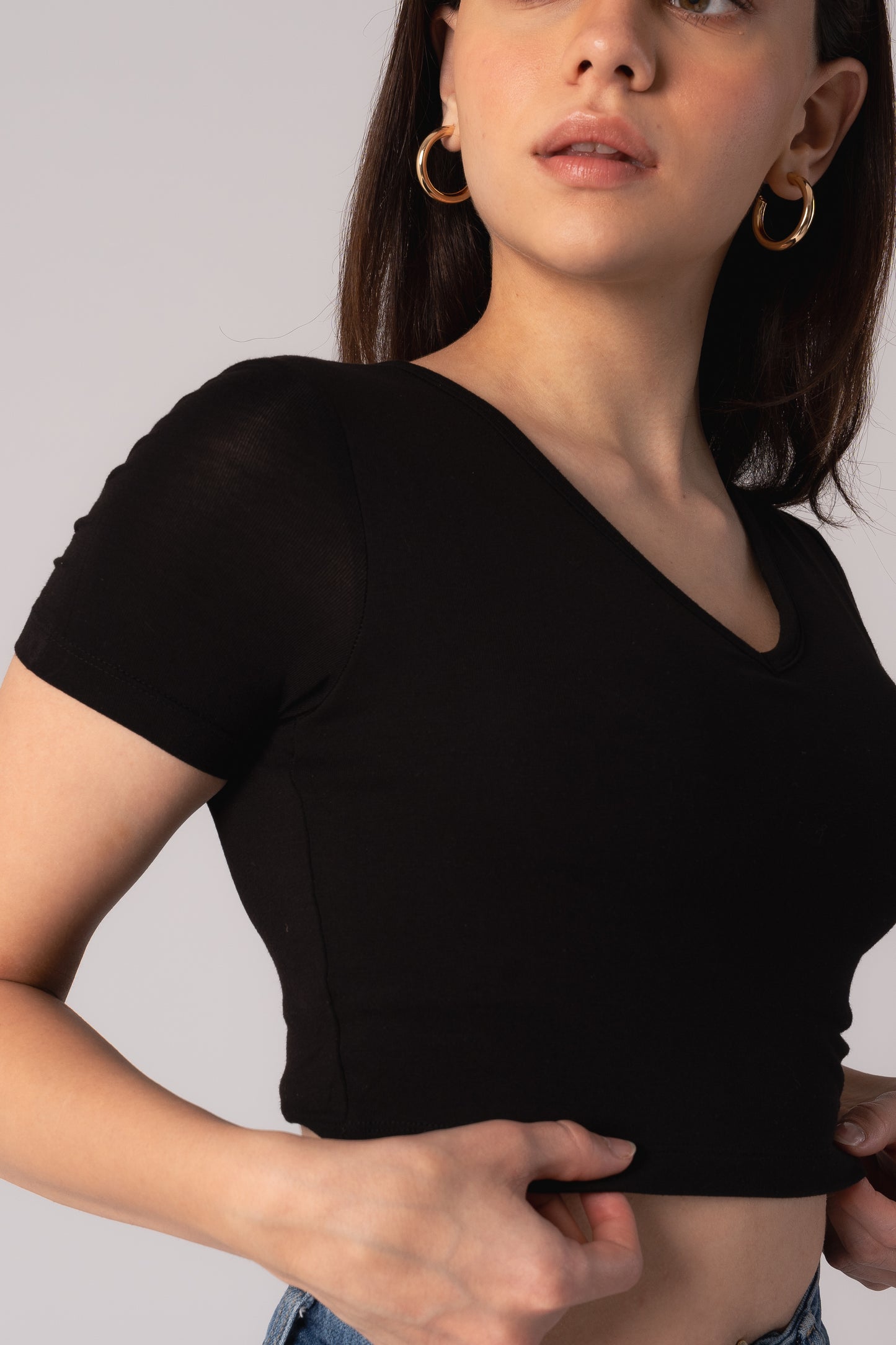 Short Sleeve V-Neck Crop Top with in built bra padding 