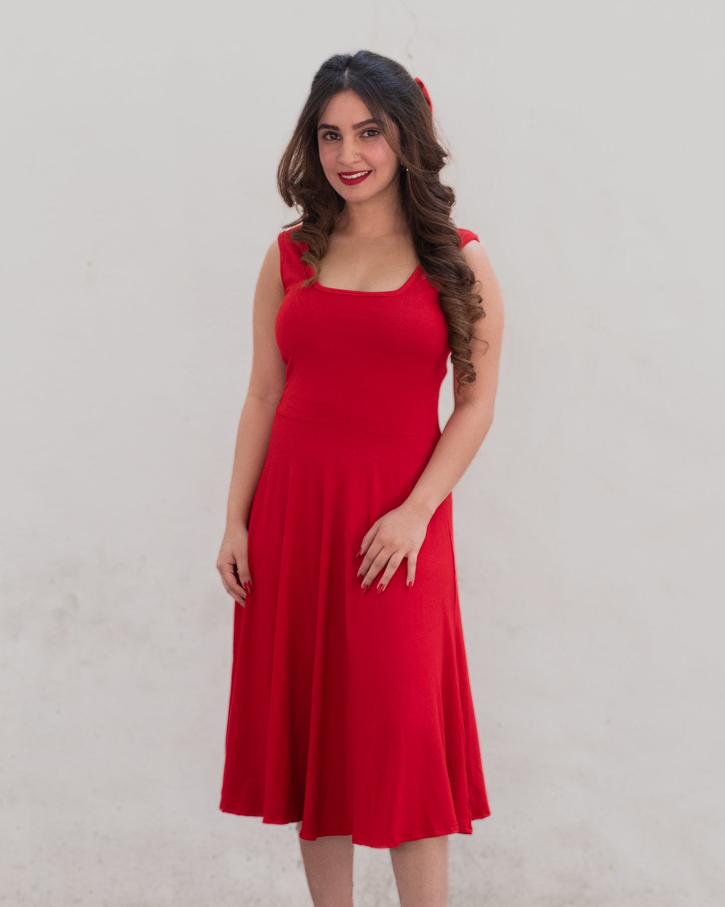 The Red Midi Dress with In-Built Bra