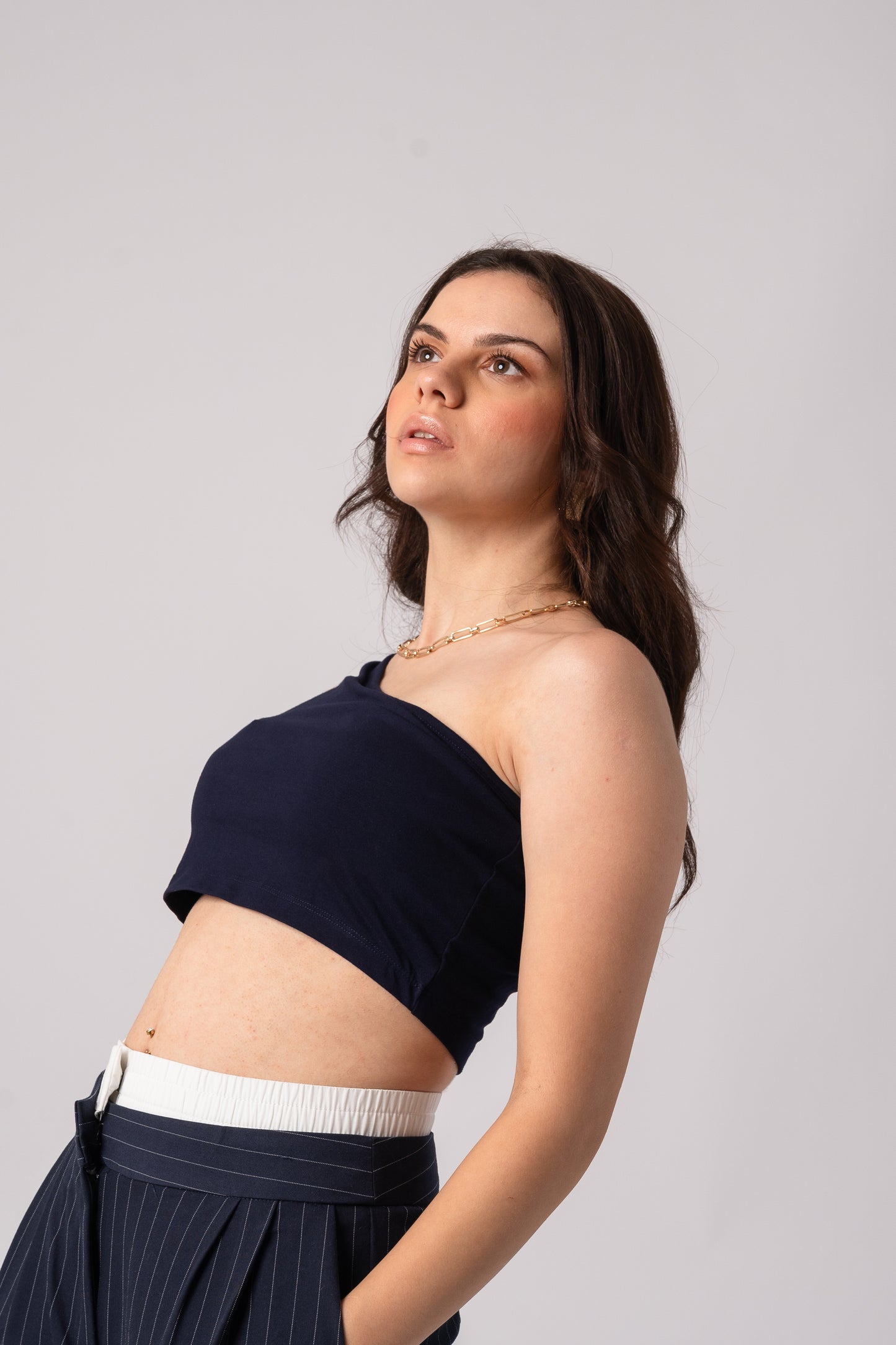 Sleeveless One Shoulder Crop Top with in built bra padding 