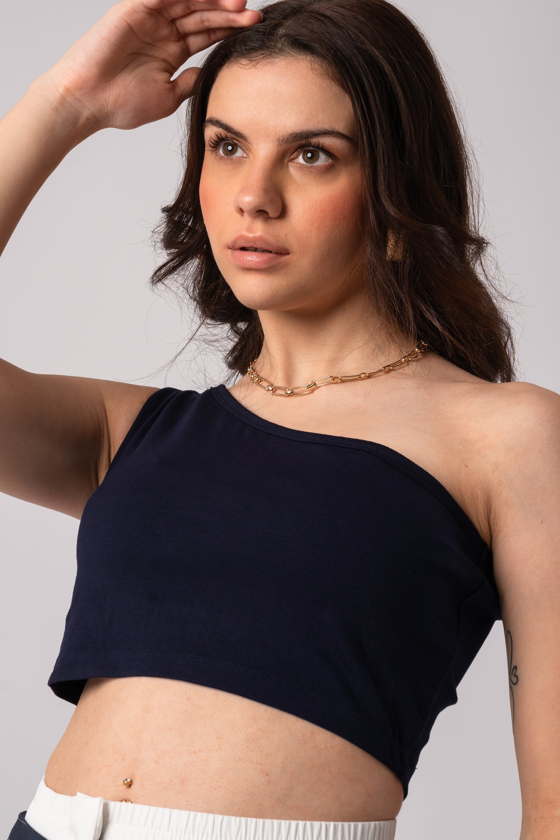 Sleeveless One Shoulder Crop Top with in built bra padding 