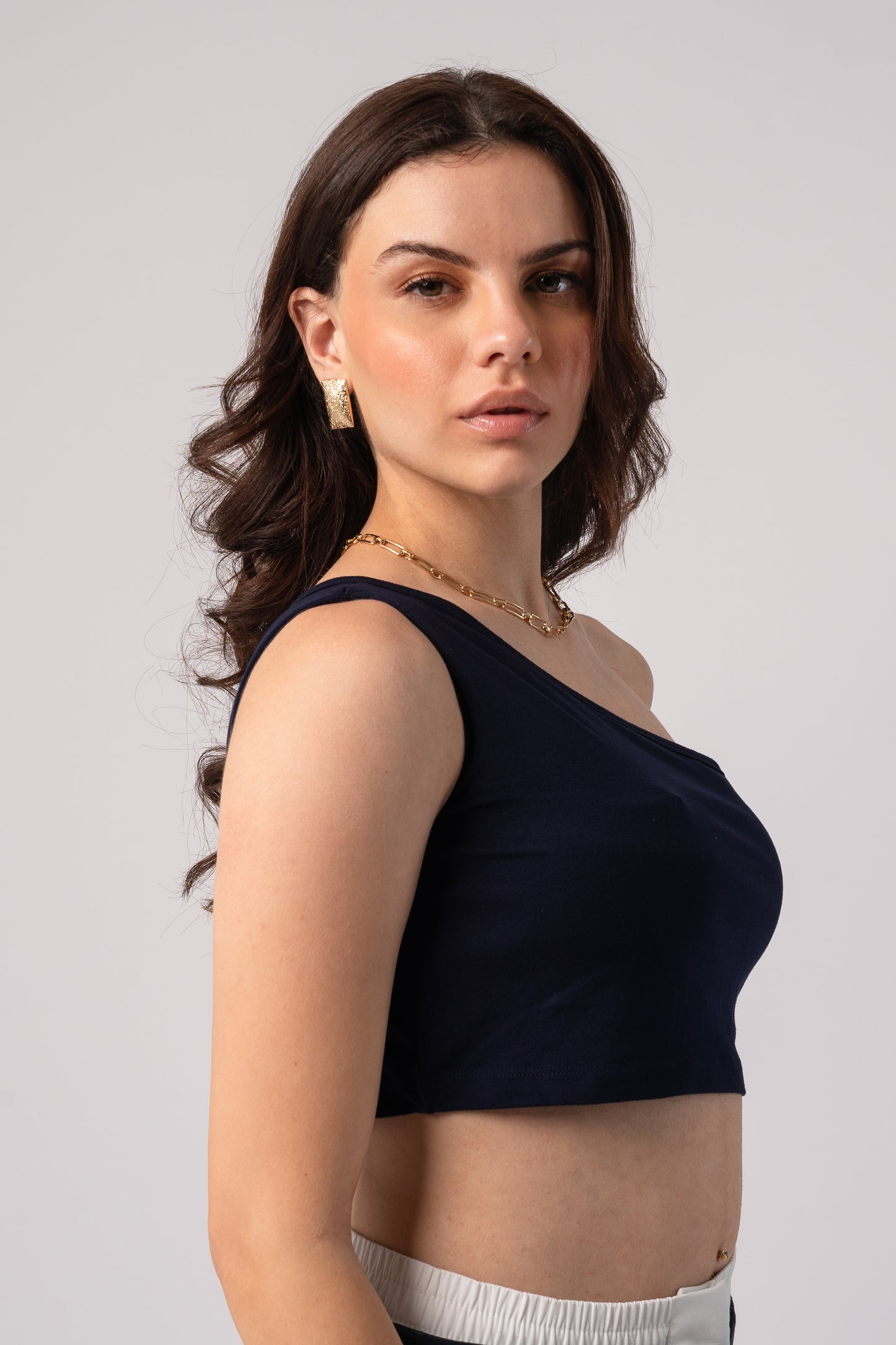 Sleeveless One Shoulder Crop Top with in built bra padding 