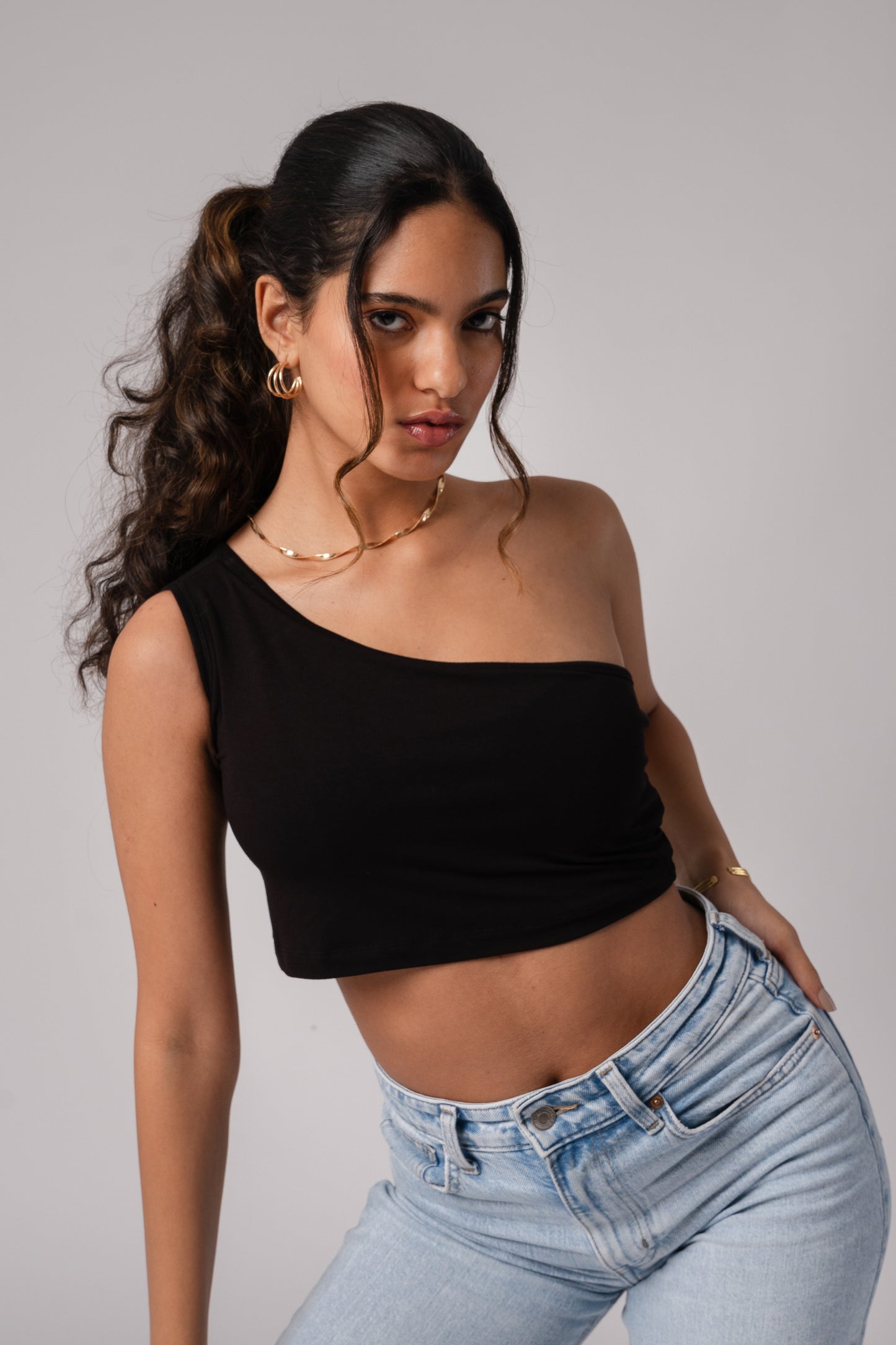 Sleeveless One Shoulder Crop Top with in built bra padding 