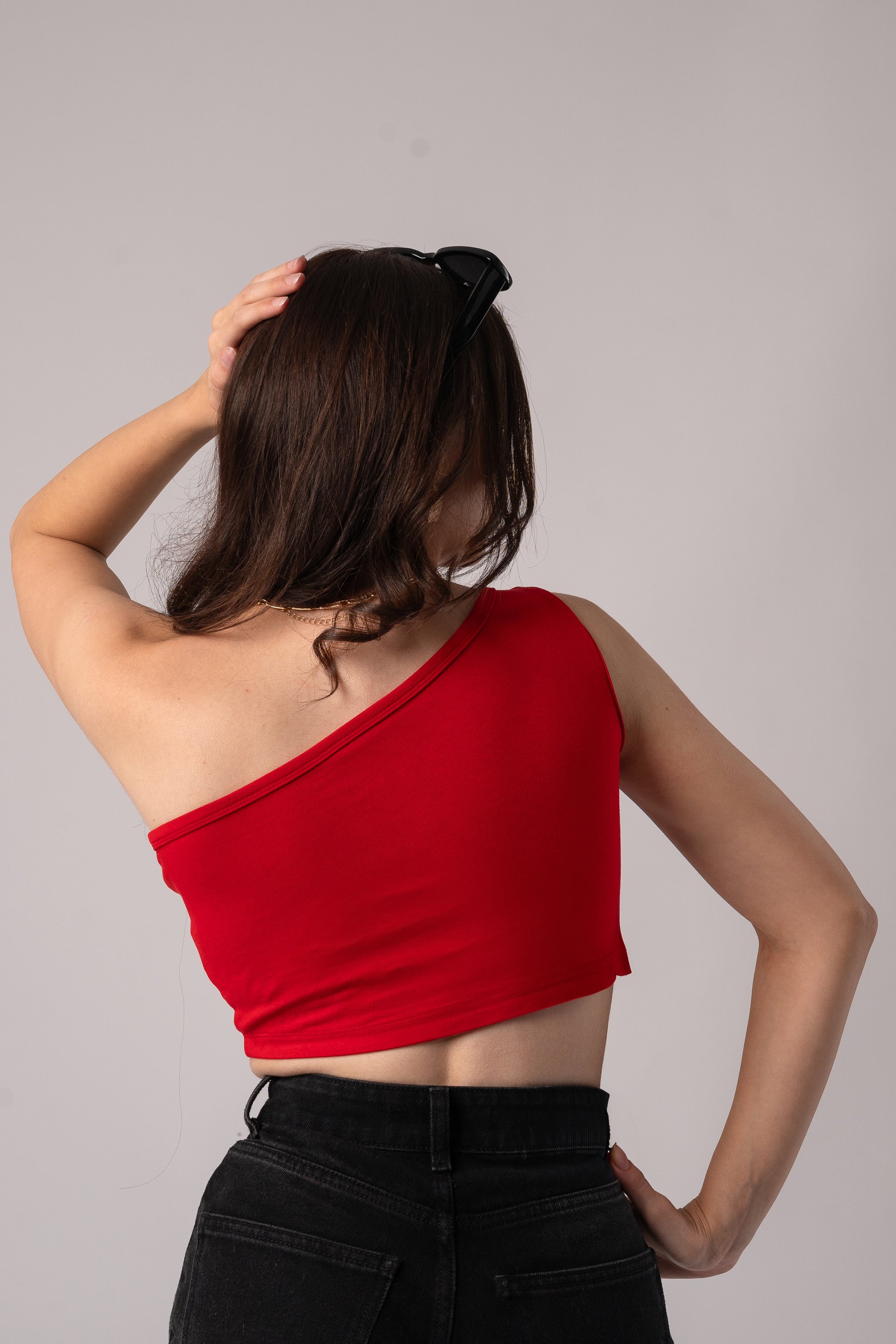 Sleeveless One Shoulder Crop Top with in built bra padding 