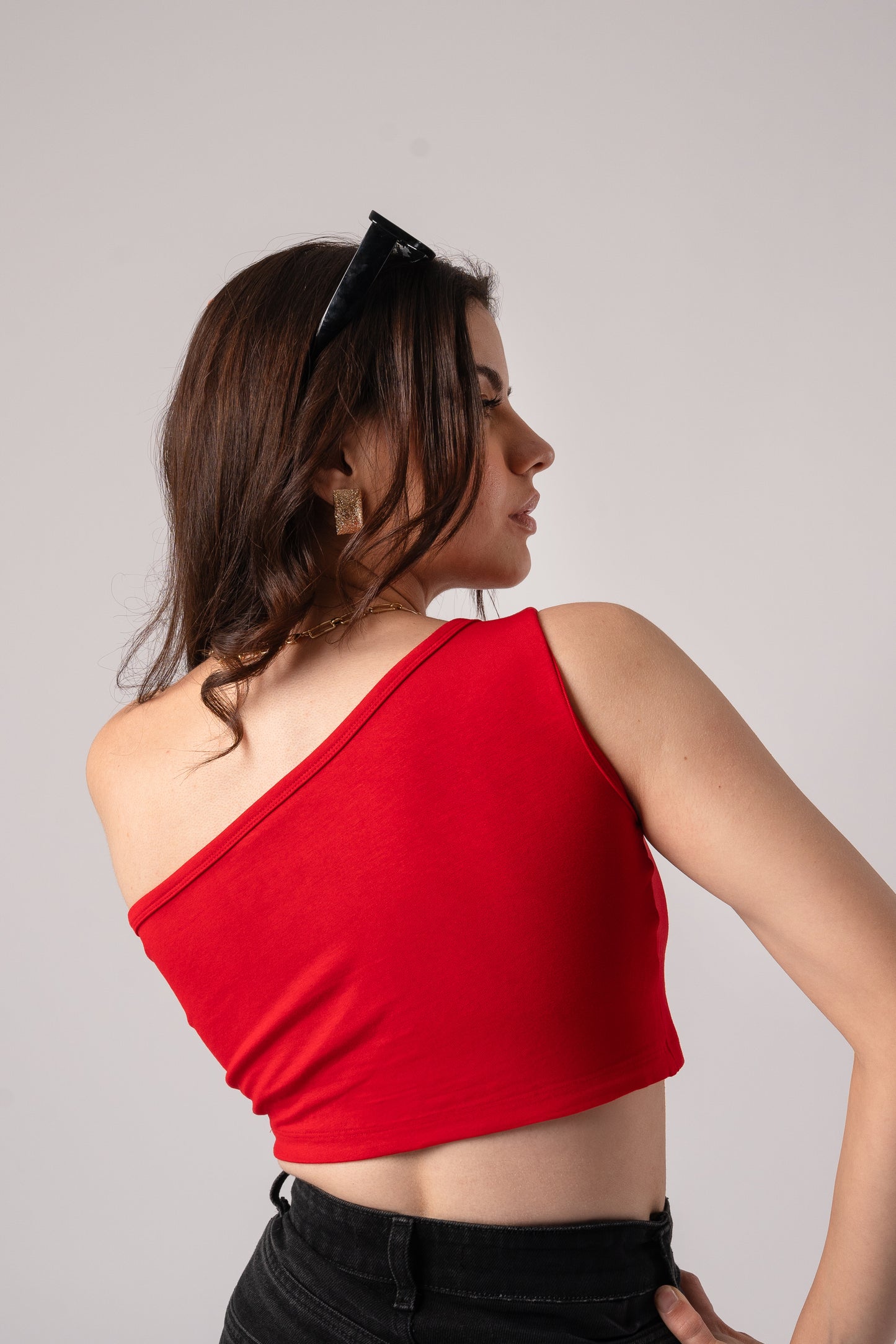 Sleeveless One Shoulder Crop Top with in built bra padding 