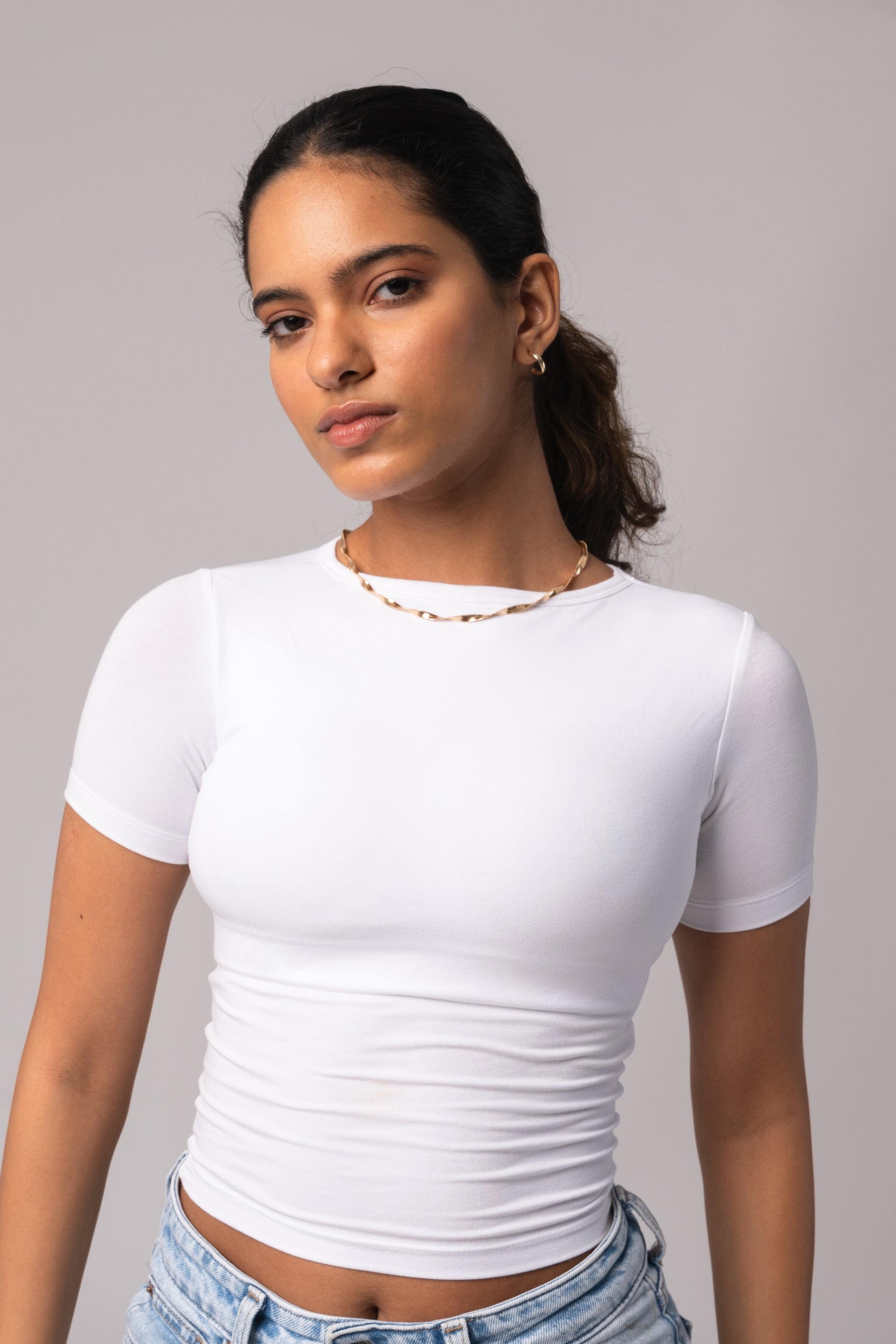 Short Sleeve Round Neck Crop Top with in built bra padding 