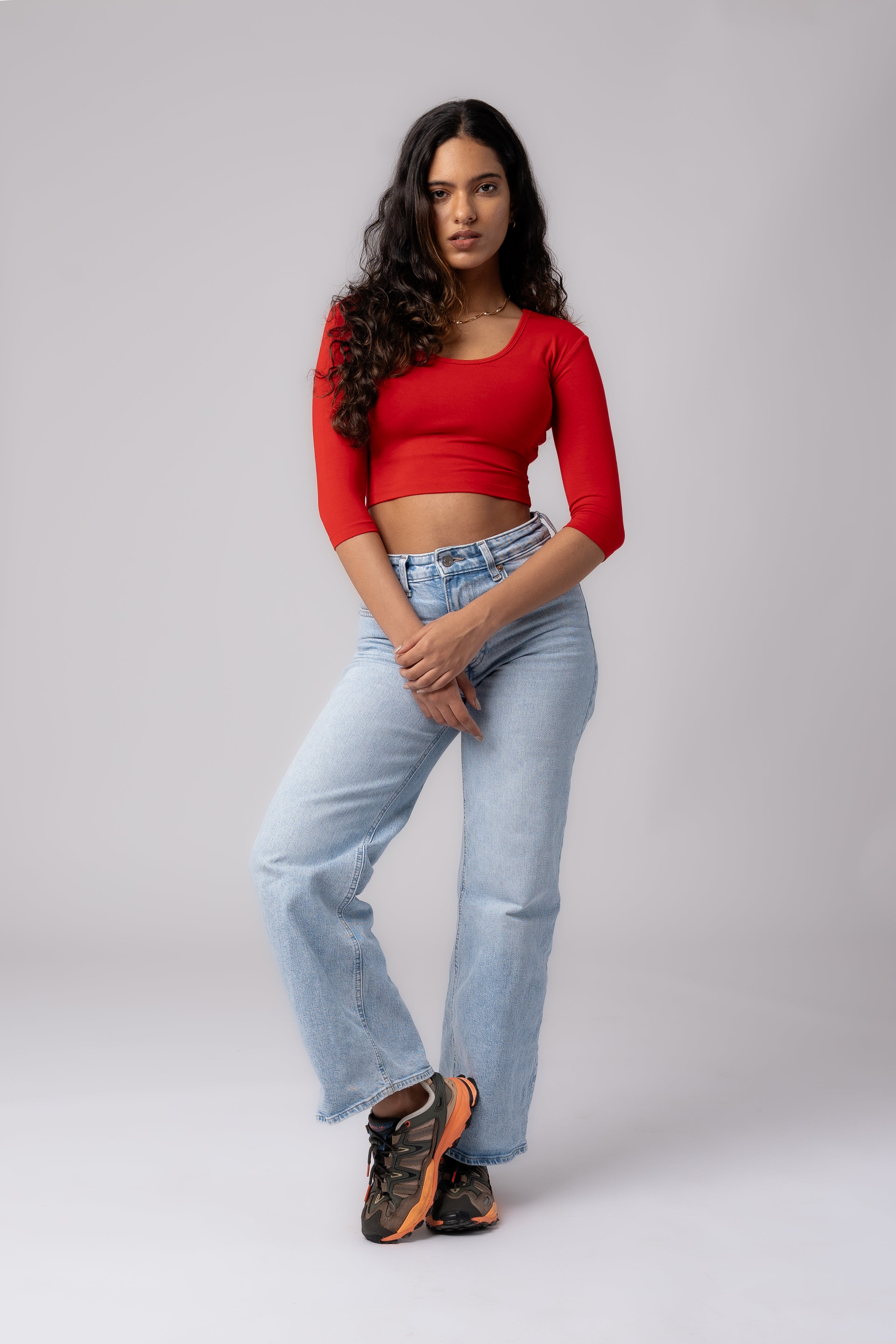 Long Sleeve Scoop Round Neck Crop top with in built bra padding