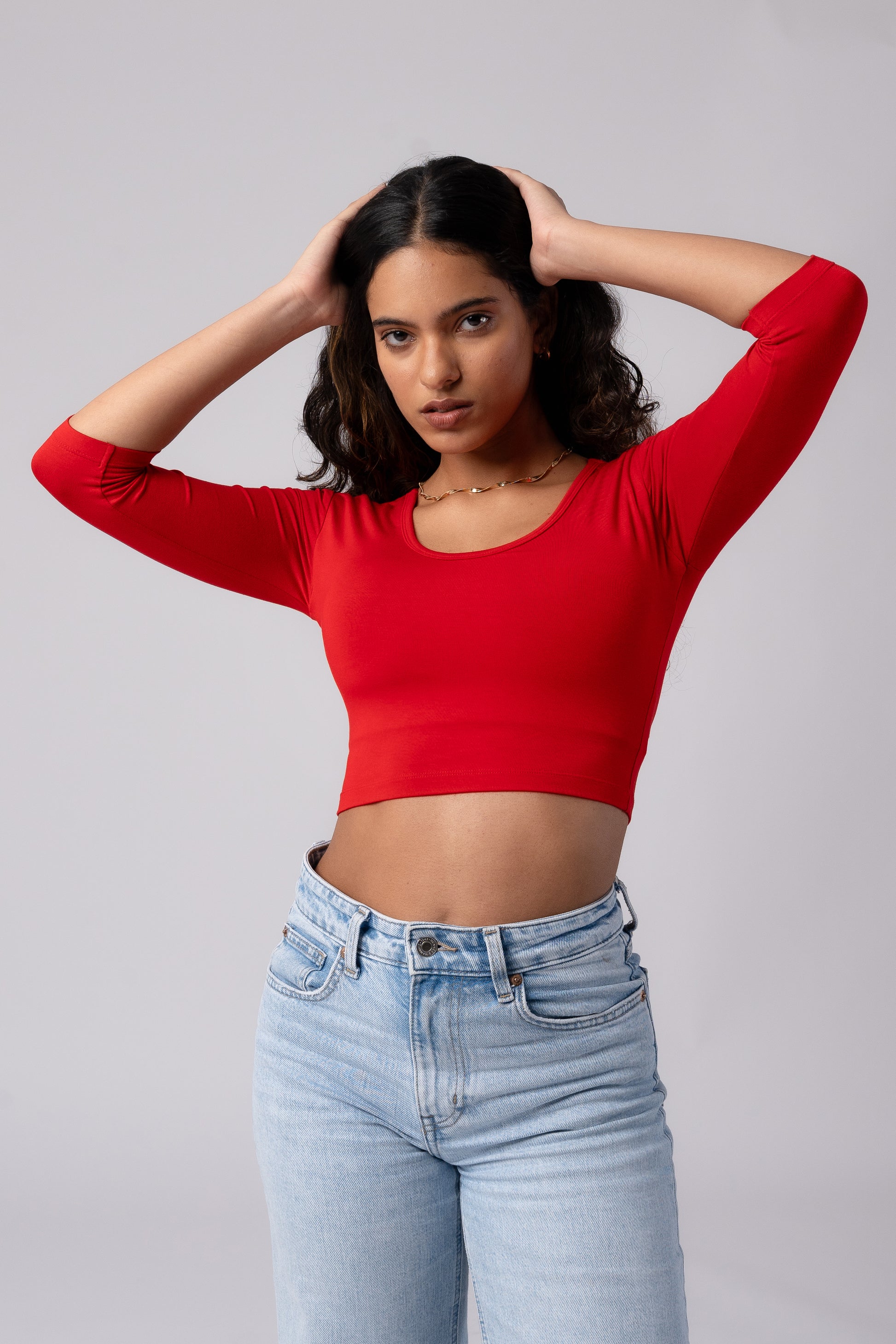 Long Sleeve Scoop Round Neck Crop top with in built bra padding