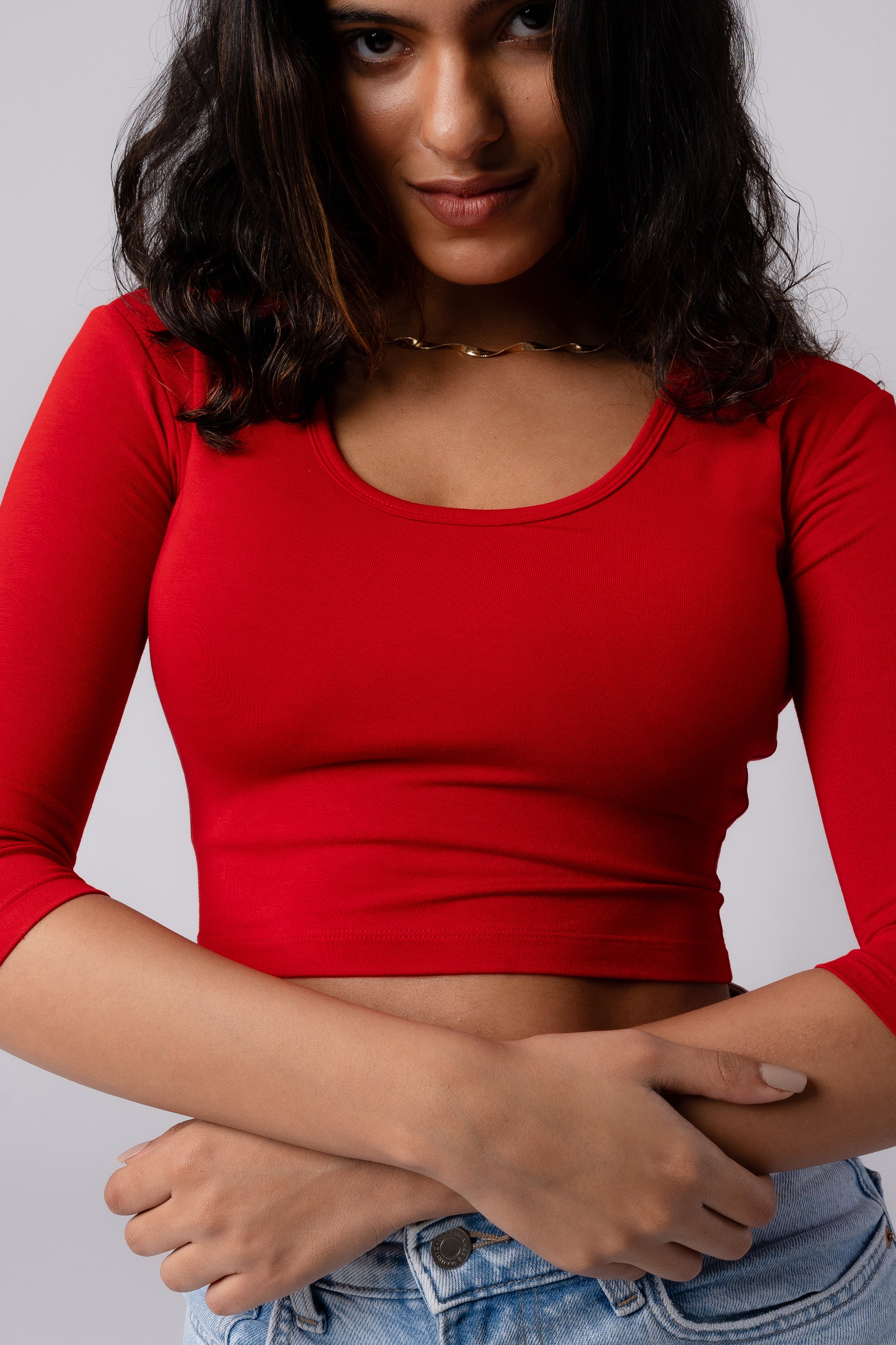 Long Sleeve Scoop Round Neck Crop top with in built bra padding