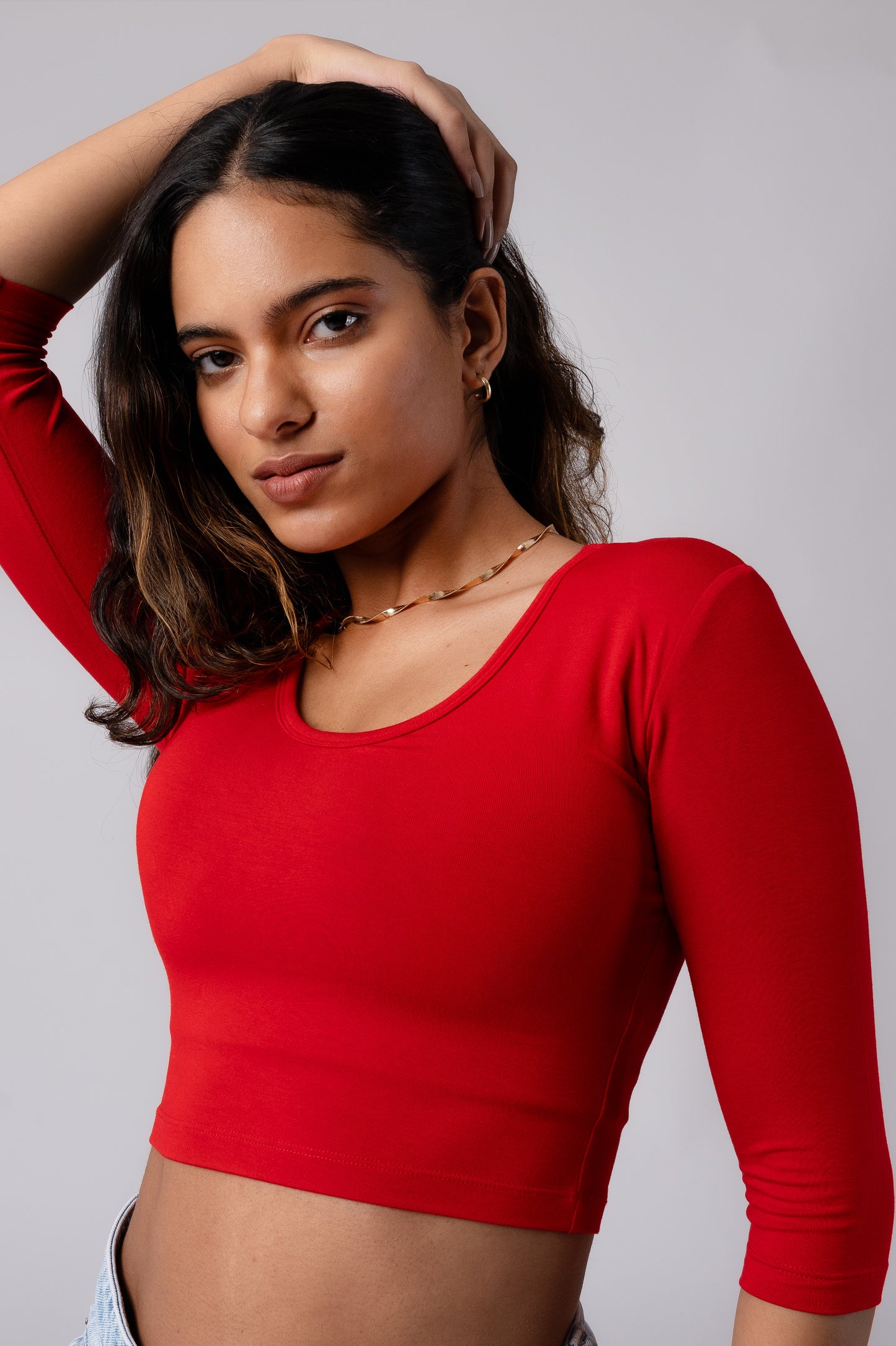 Long Sleeve Scoop Round Neck Crop top with in built bra padding