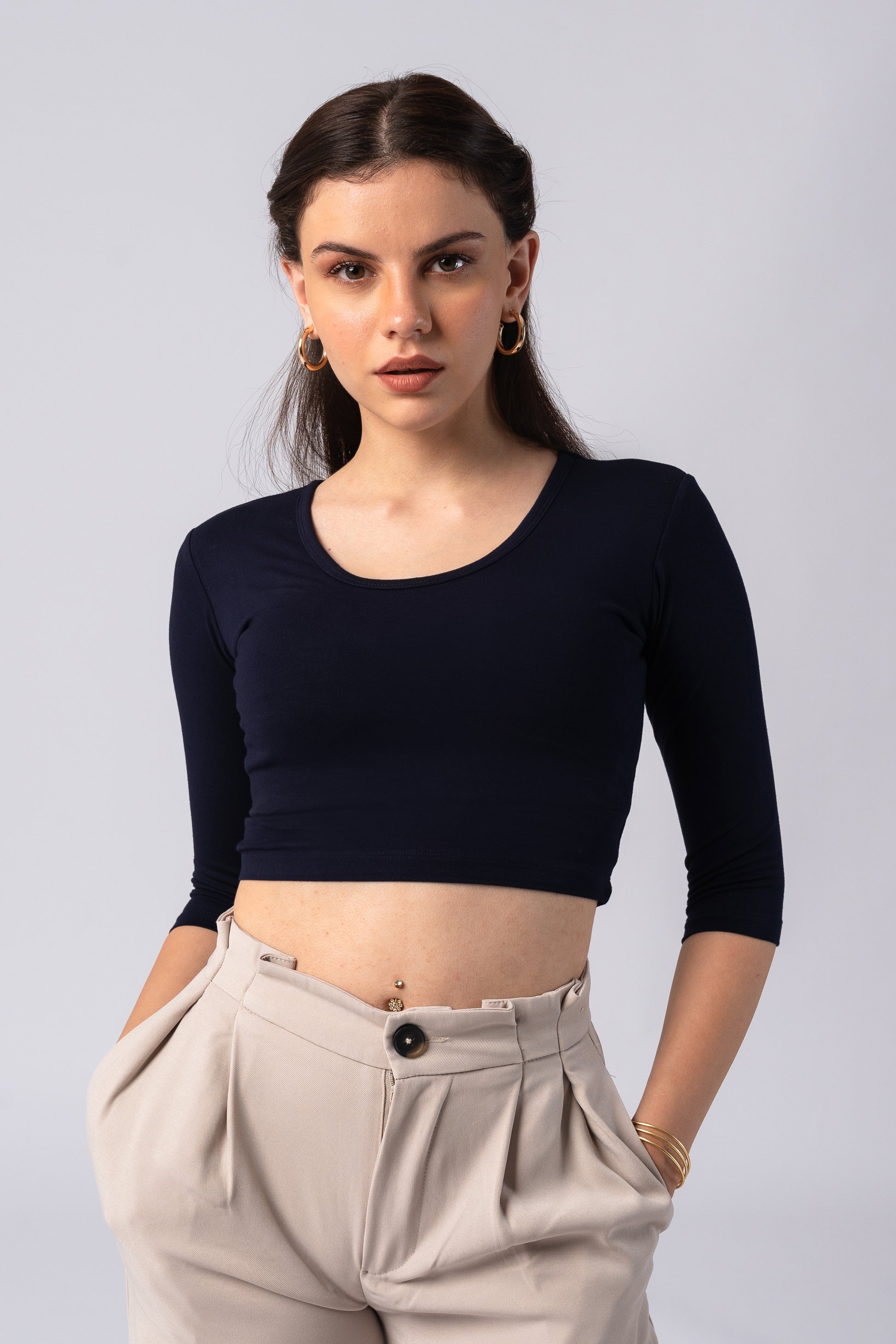 Long Sleeve Scoop Round Neck Crop top with in built bra padding