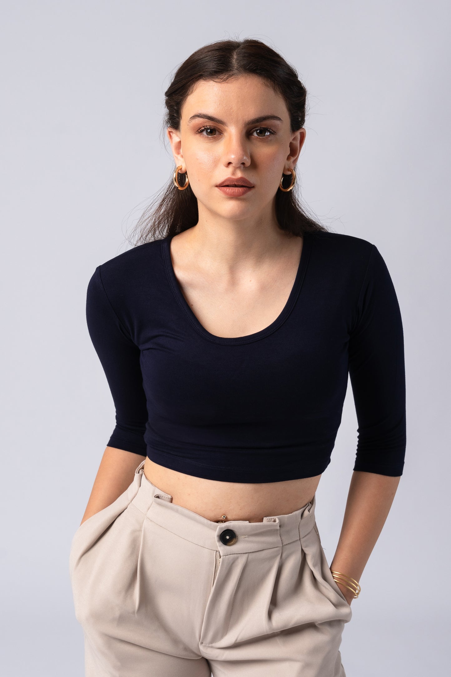 Long Sleeve Scoop Round Neck Crop top with in built bra padding