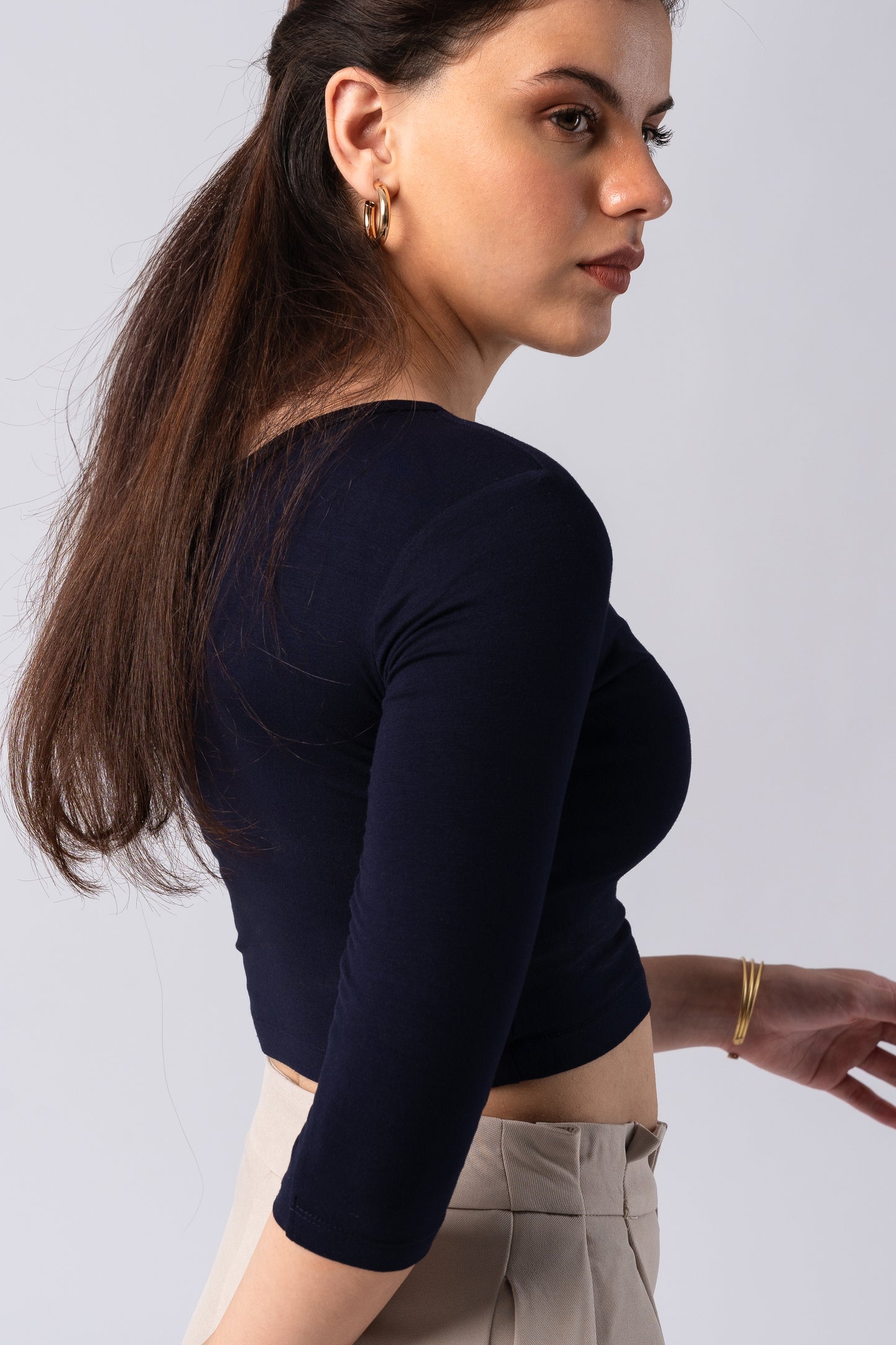 Long Sleeve Scoop Round Neck Crop top with in built bra padding