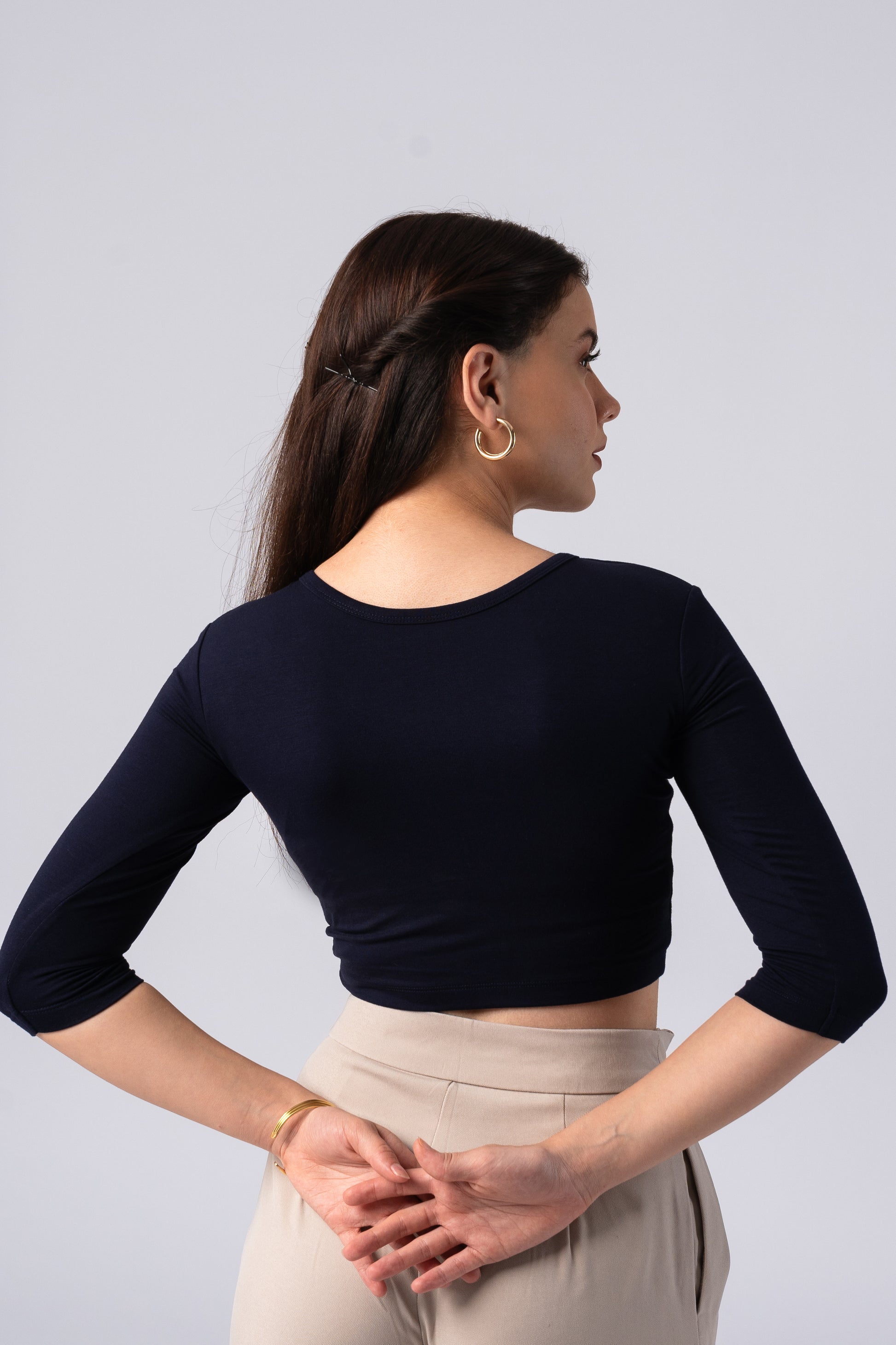 Long Sleeve Scoop Round Neck Crop top with in built bra padding