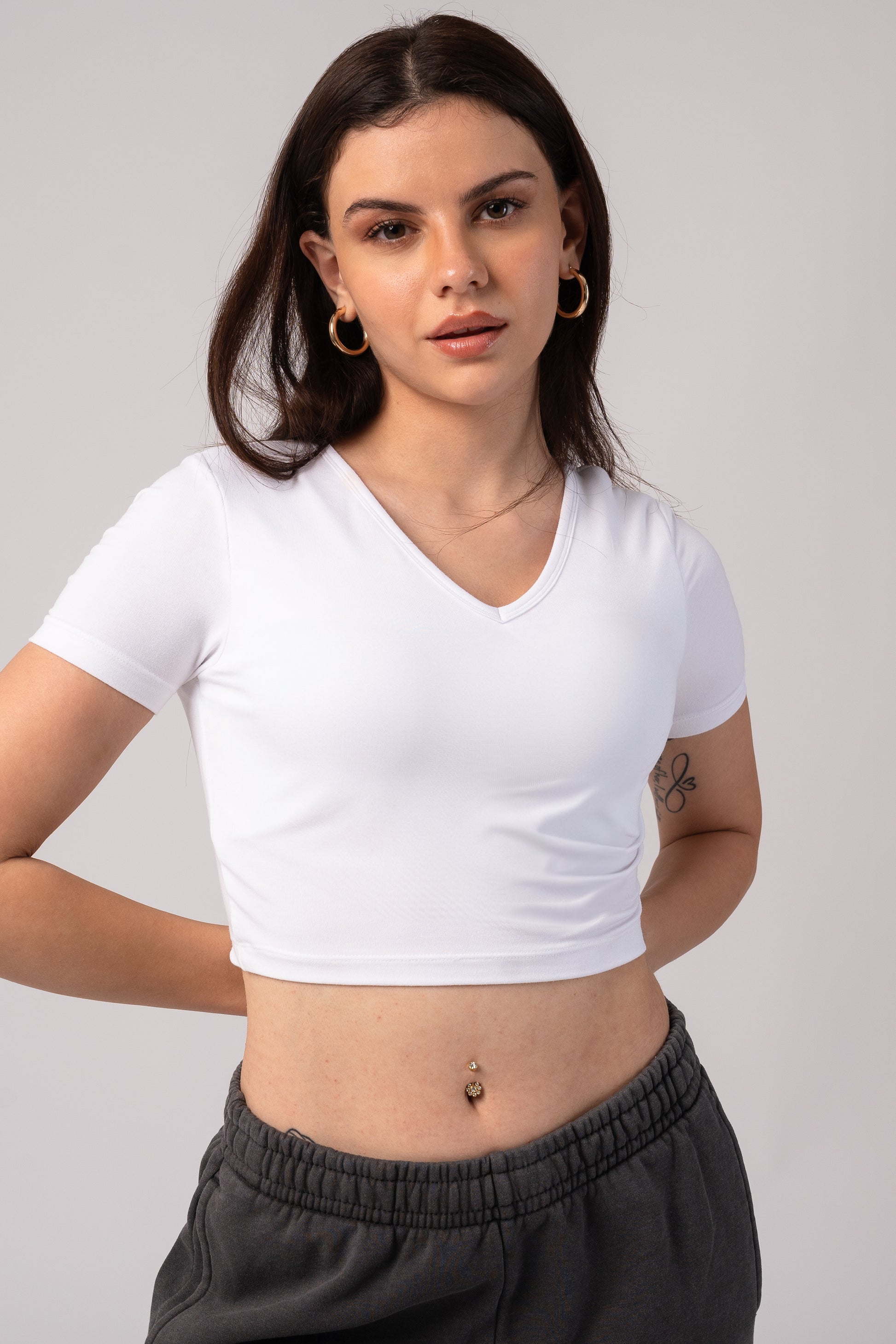 Short Sleeve V-Neck Crop Top with in built bra padding 