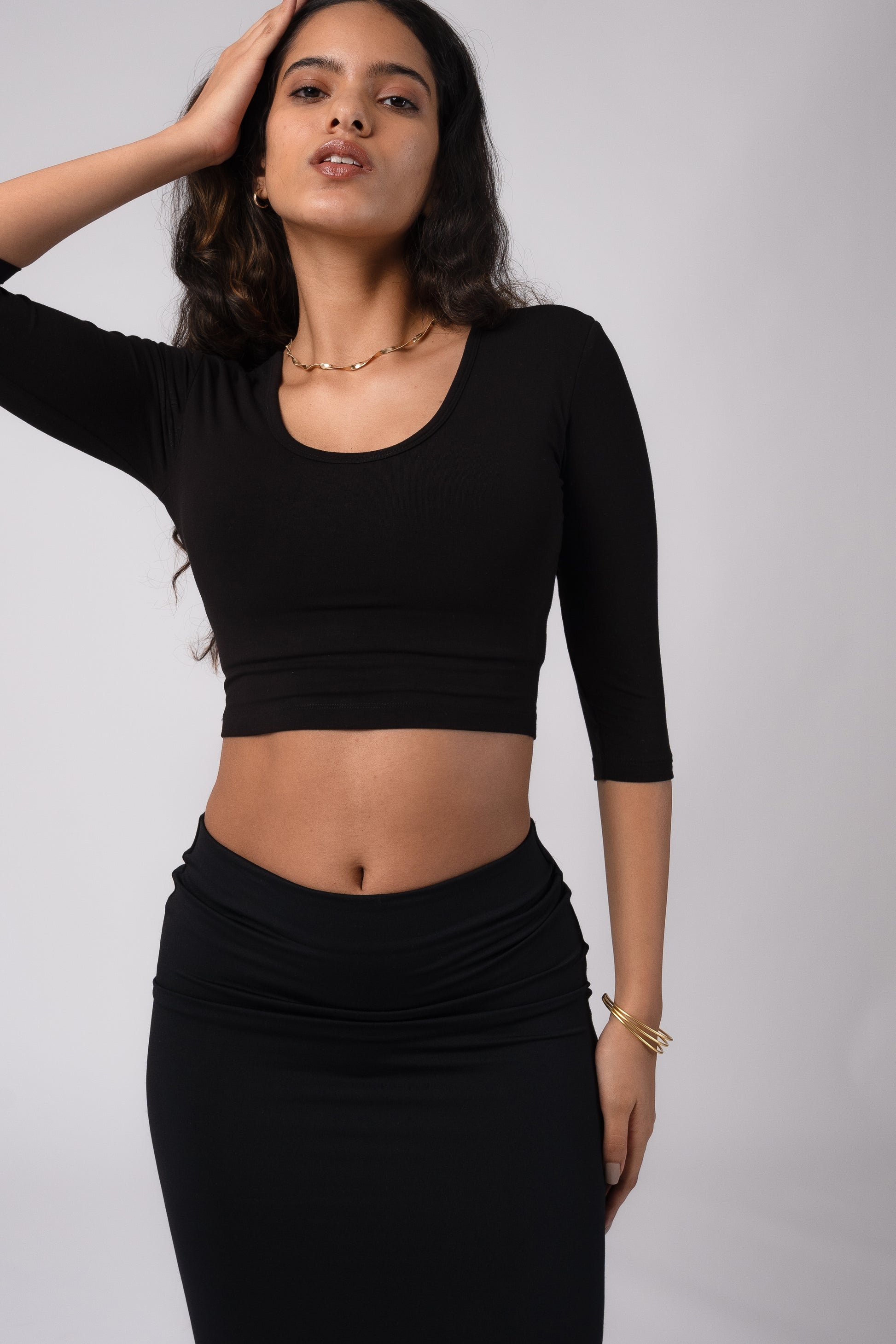 Long Sleeve Scoop Round Neck Crop top with in built bra padding