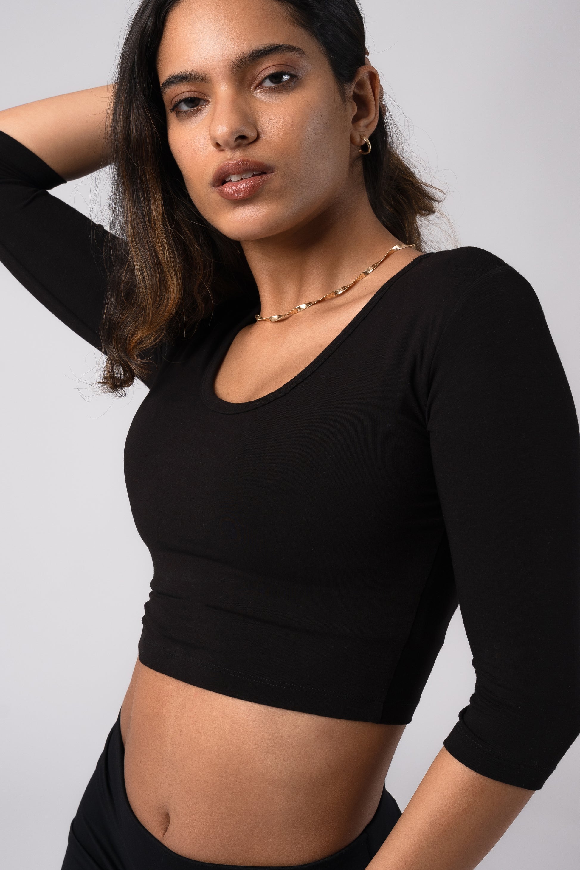 Long Sleeve Scoop Round Neck Crop top with in built bra padding